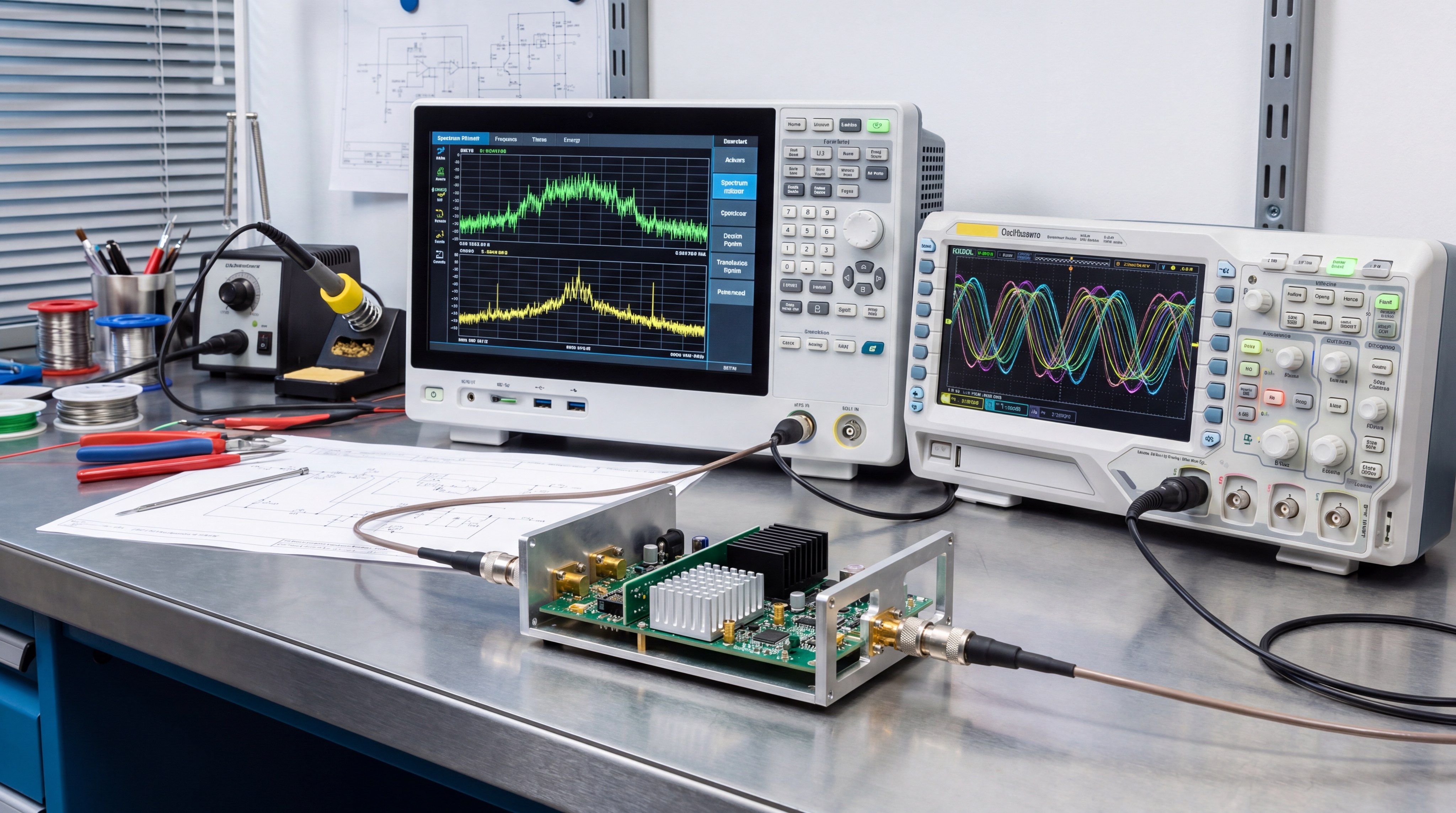 Engineer using an oscilloscope and spectrum analyzer to test an RF Power Amplifier module
