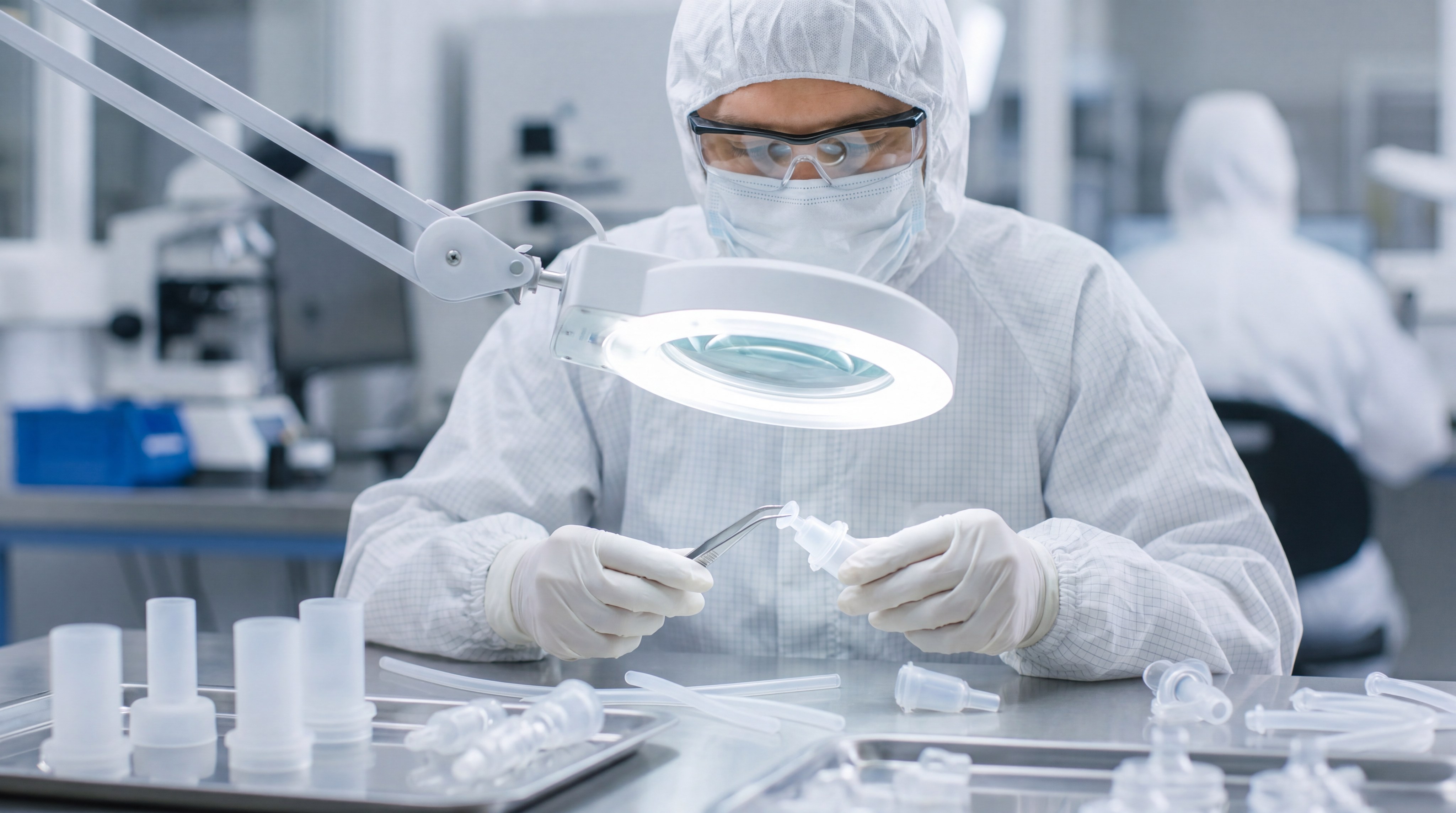 Quality control specialist inspecting a medical-grade silicone component in a laboratory