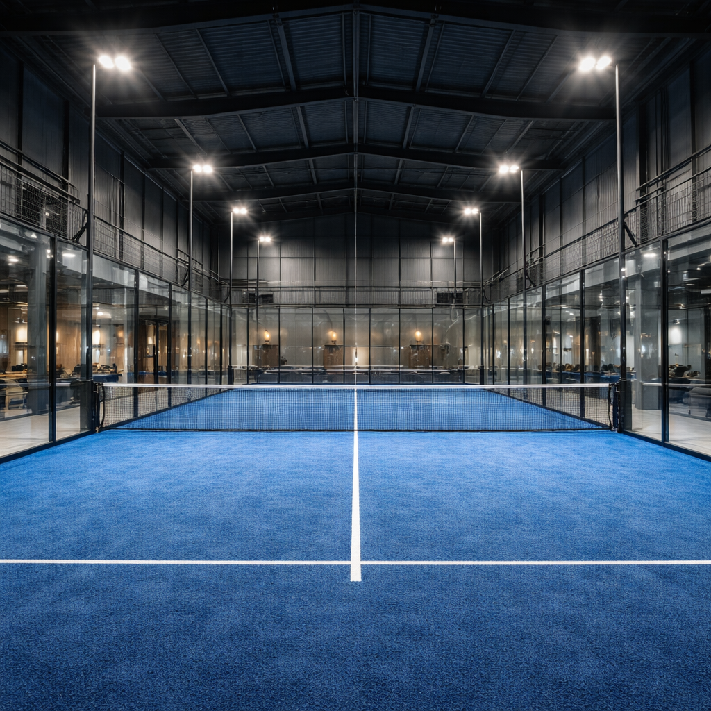 A wide-angle photorealistic view of a modern indoor padel court facility featuring blue monofilament turf and panoramic glass walls inside a high-end industrial warehouse conversion.