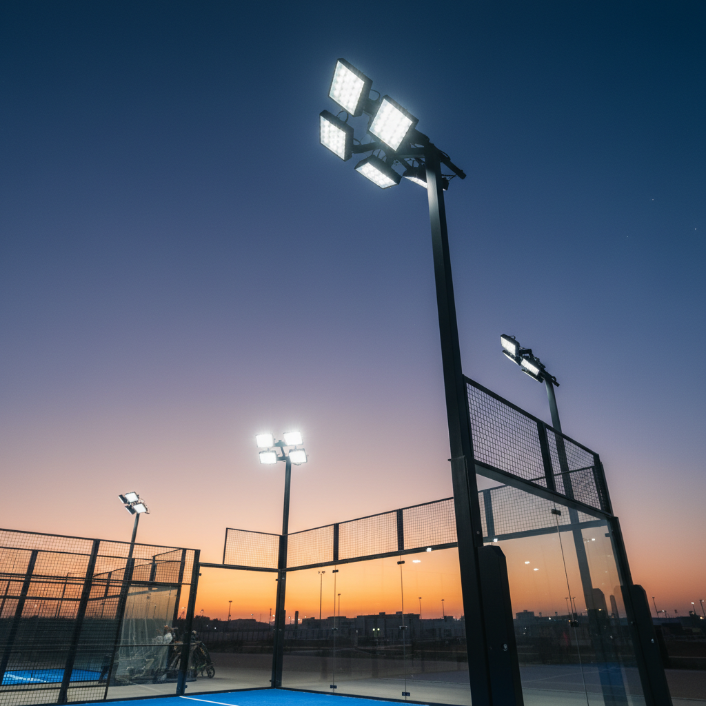High-performance LED floodlights mounted on a 6-meter pole illuminating a padel court at sunset