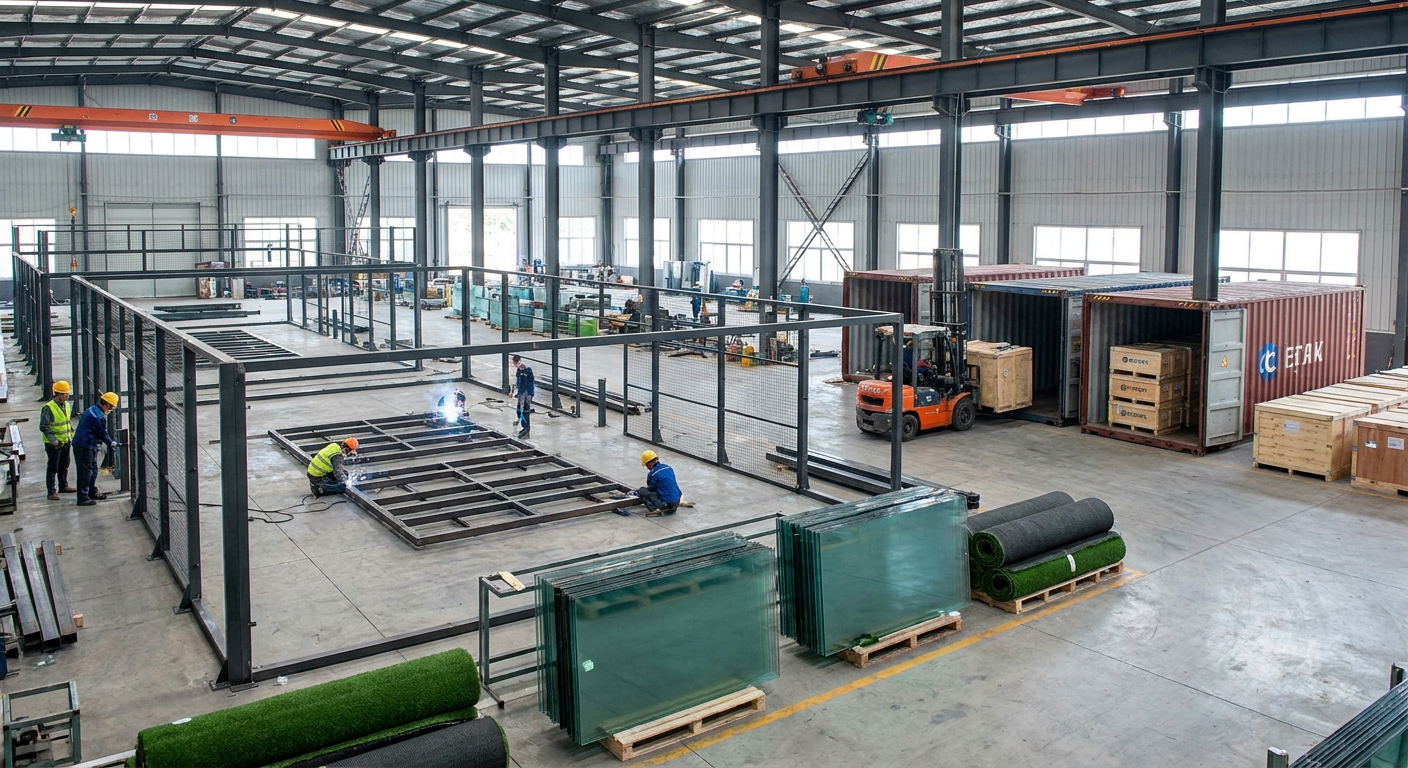 Factory floor with padel court components being manufactured and loaded into containers