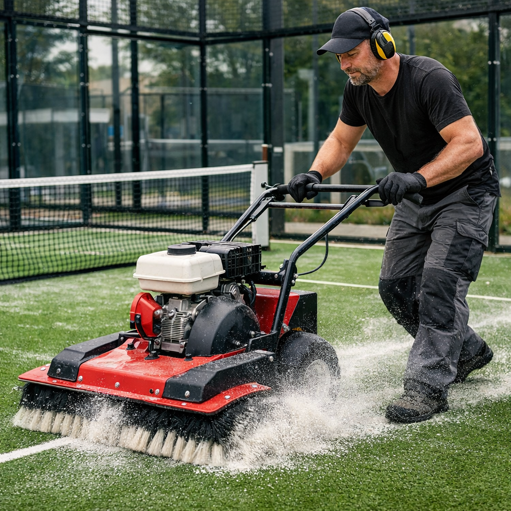 Worker using a power brush to maintain blue padel turf