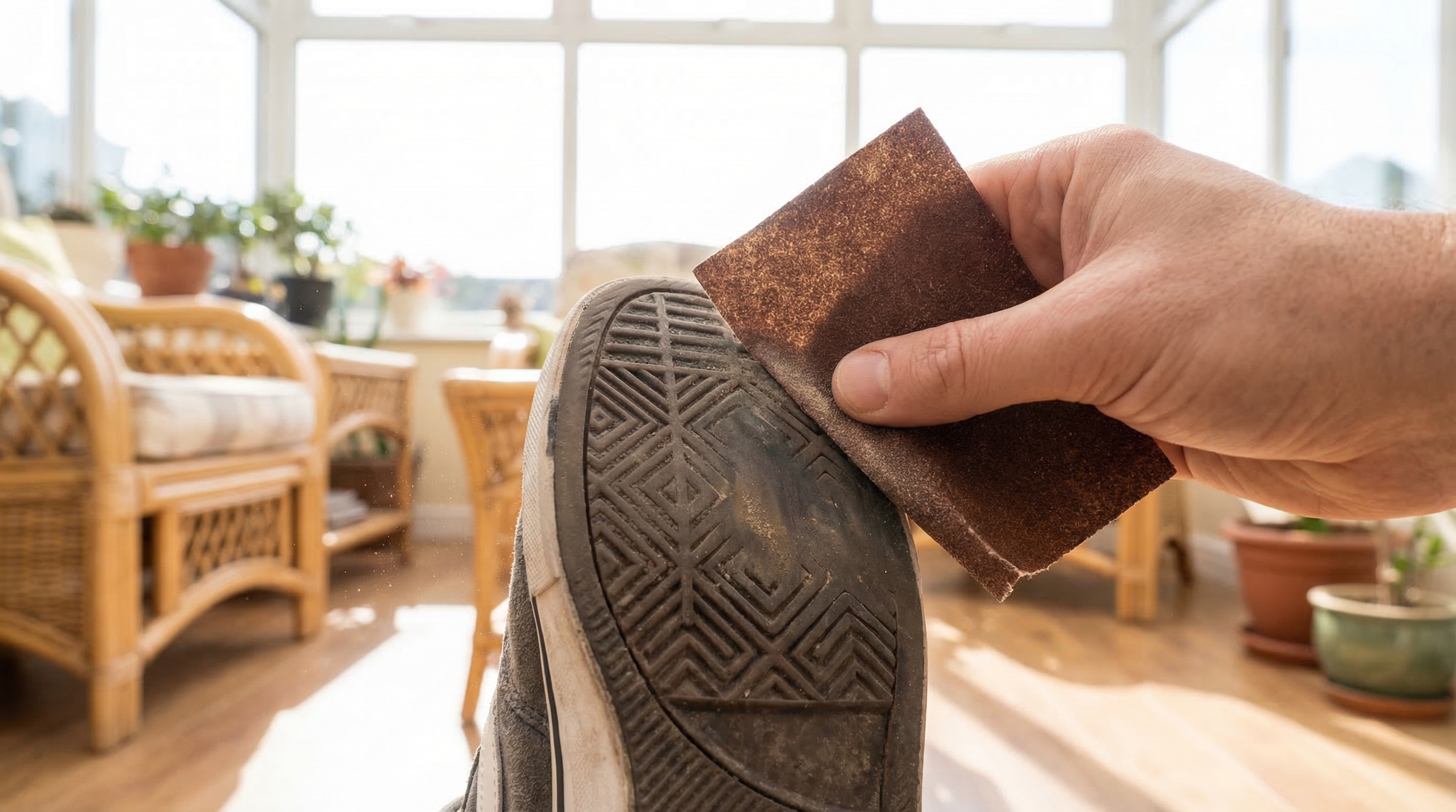 A person using fine-grit sandpaper to roughen the smooth surface of a sneaker's outsole.