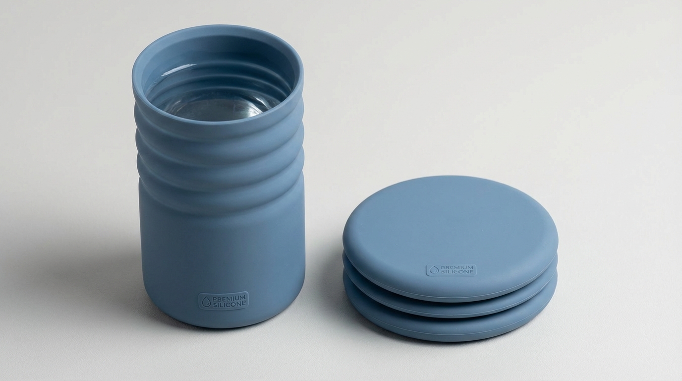 A graphic showing a food-grade silicone certification seal next to a collapsible water bottle.