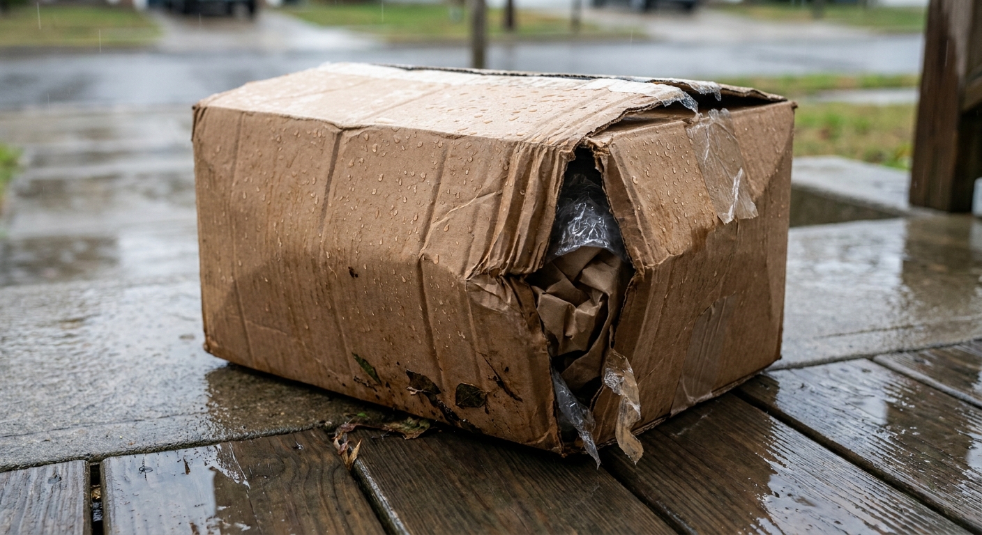 Damaged Brown Shipping Box on Rainy Doorstep