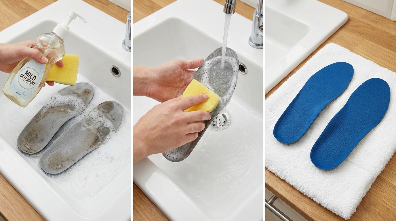 Hand scrubbing blue shoe insoles in a sink with soapy water