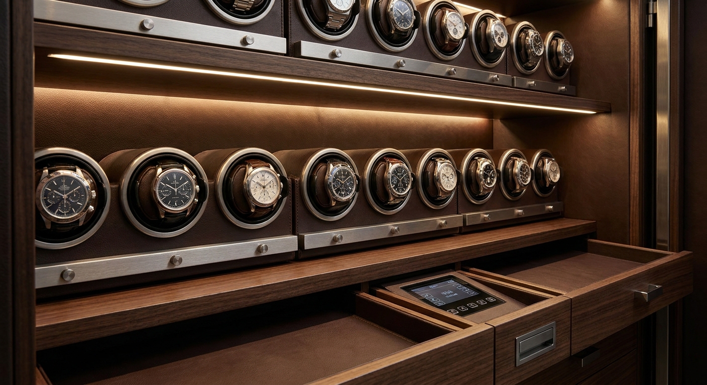 Luxury watch safe interior with lighting and custom drawers