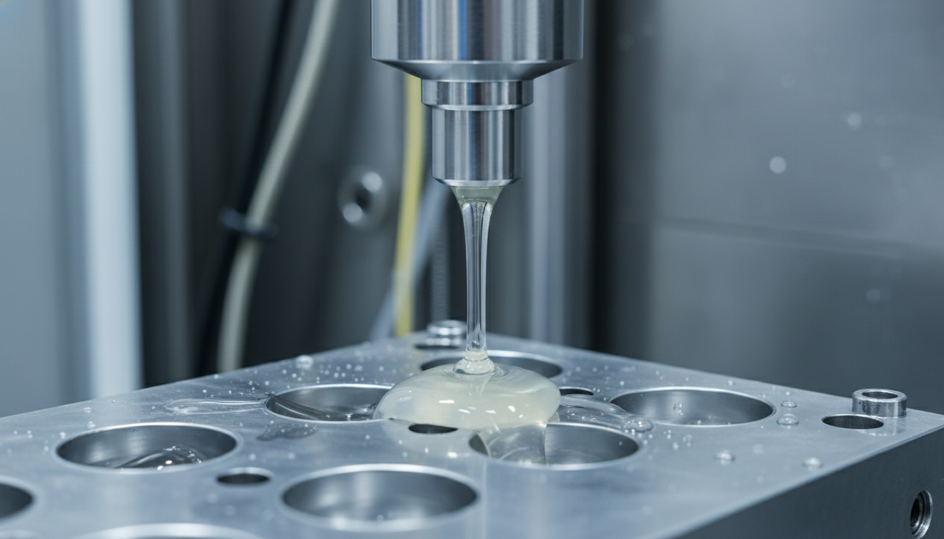 A precision LSR injection nozzle delivering translucent liquid silicone into a high-tech steel mold