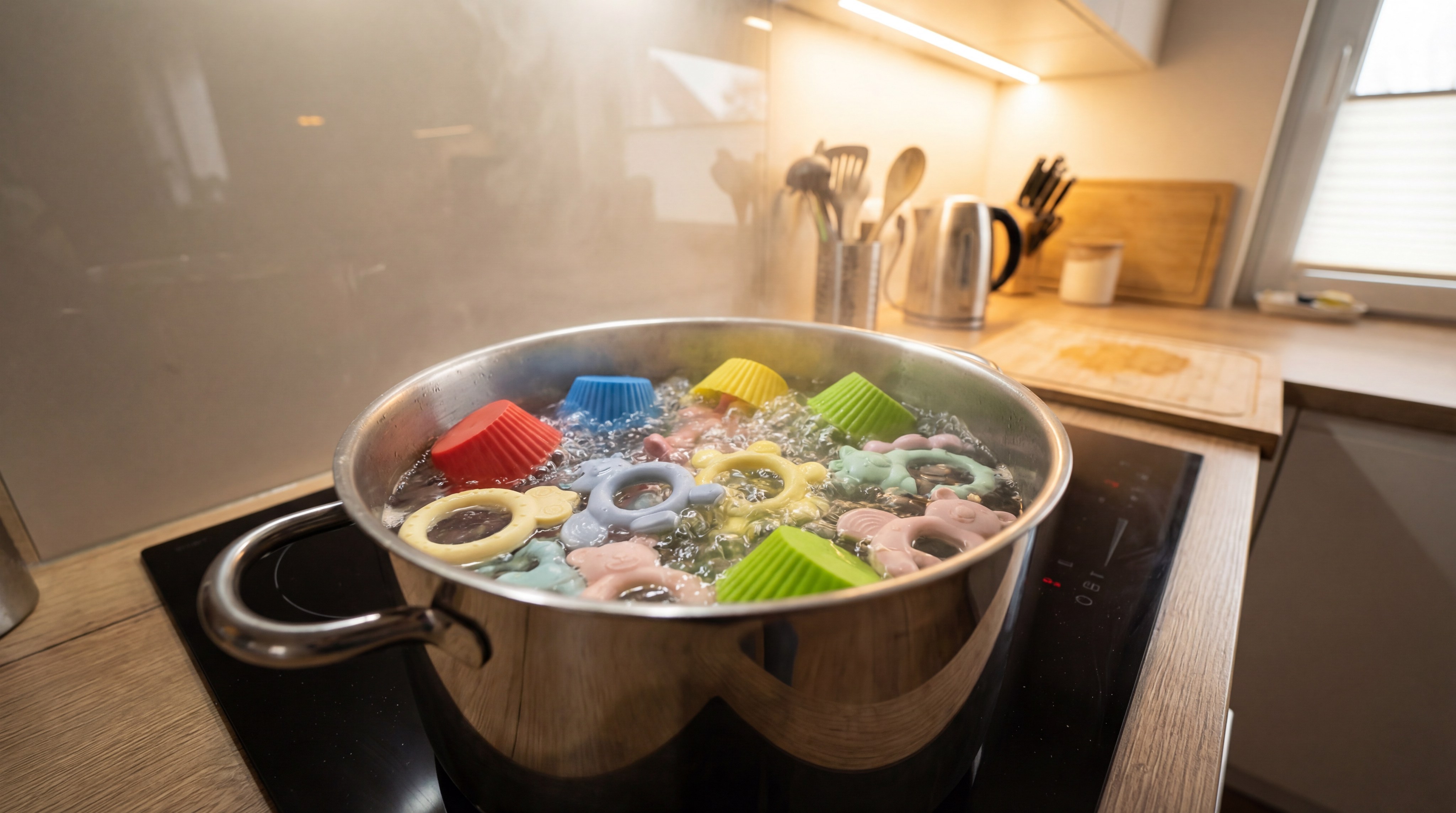 Alt Text: Silicone kitchenware and teethers boiling in a stainless steel pot