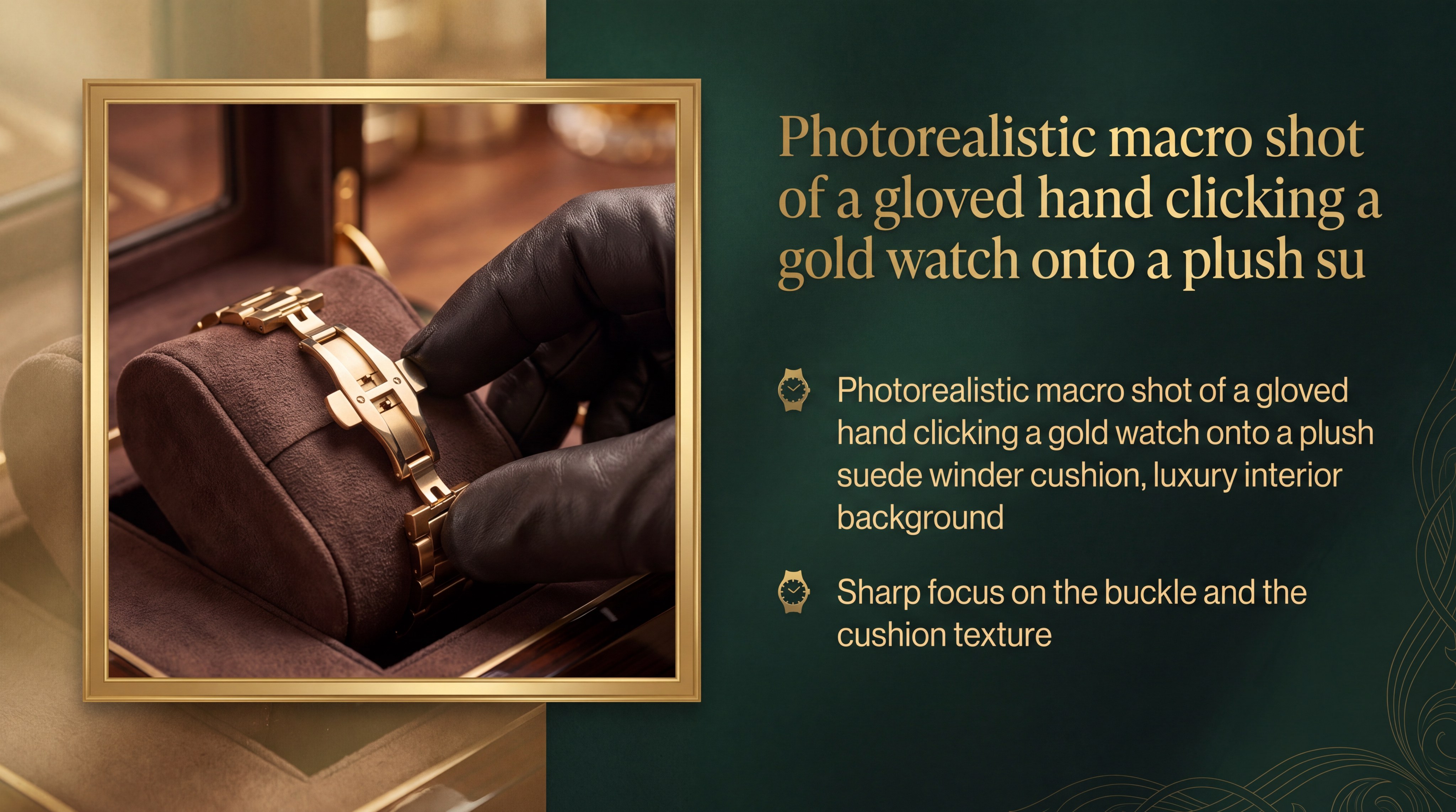 A photorealistic macro shot of a gloved hand clicking a gold watch onto a plush suede winder cushion