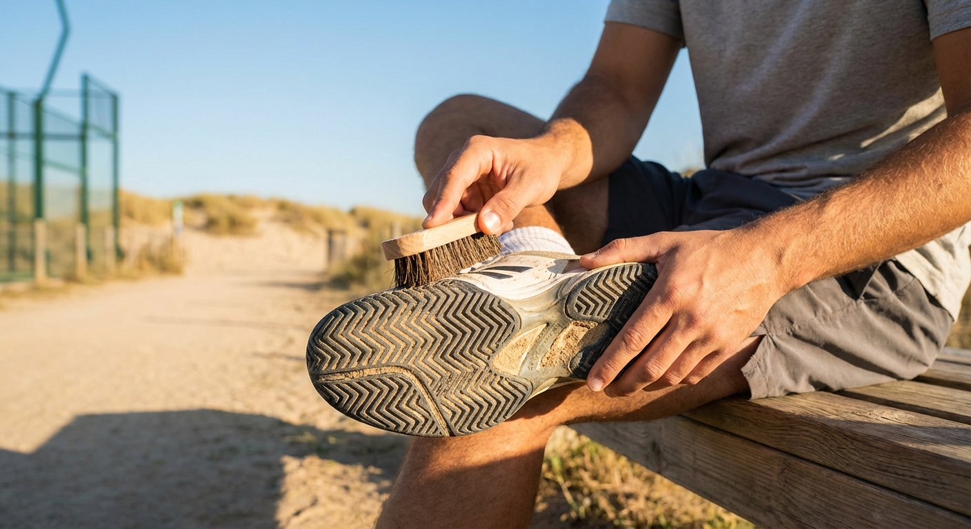 A lifestyle shot of someone cleaning the sand out of their padel shoe soles with a brush.