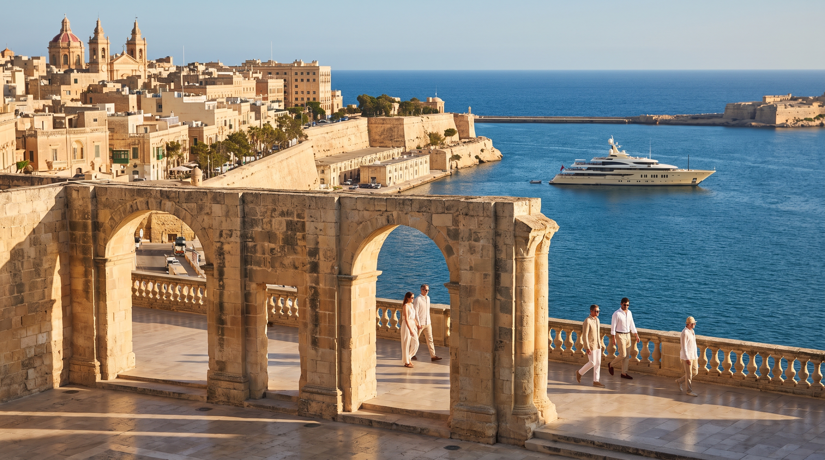 Vistas costeras e históricas de Valetta, Malta