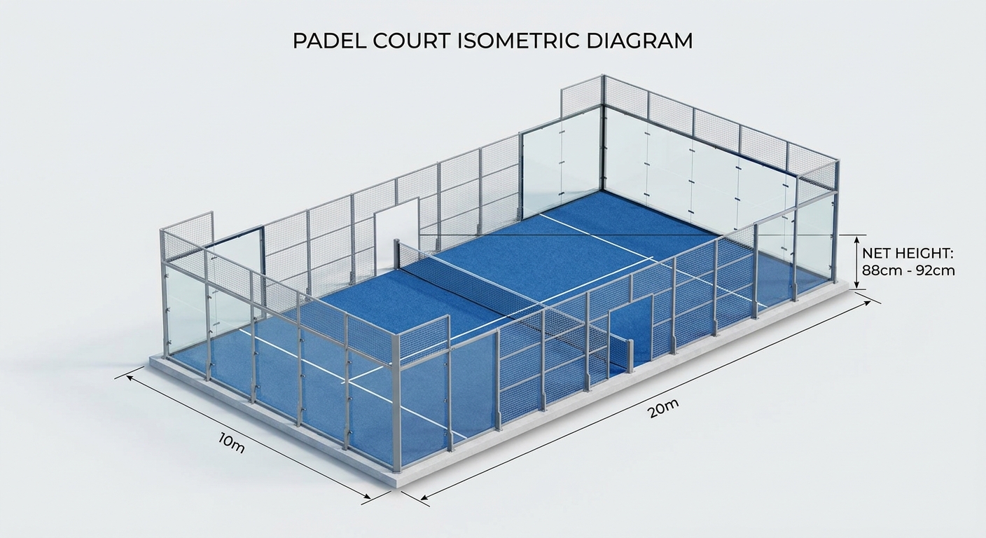 3D isometric diagram of a padel court showing dimensions