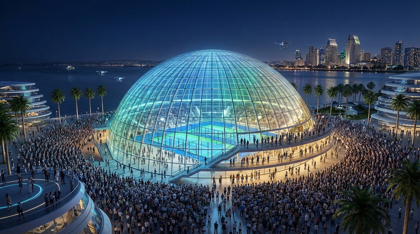 futuristic glass padel stadium night