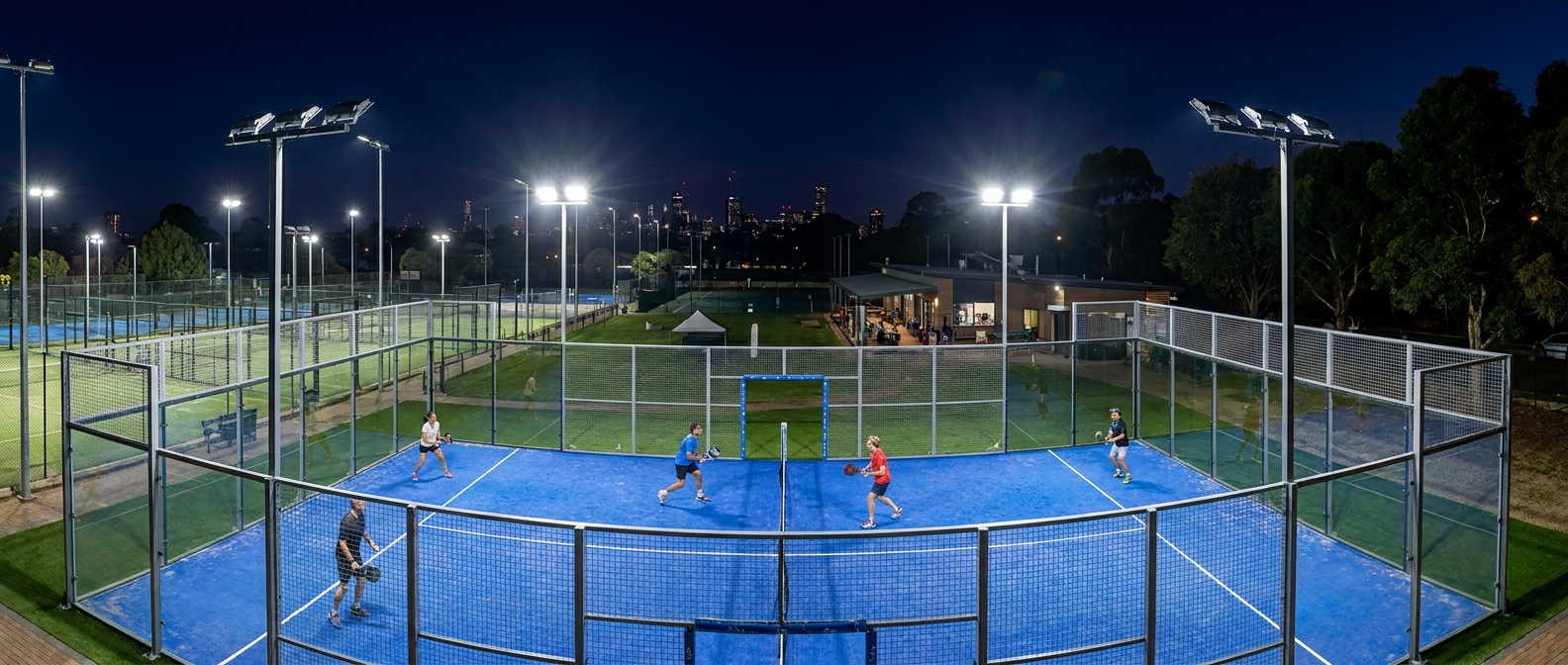nighttime padel court panoramic