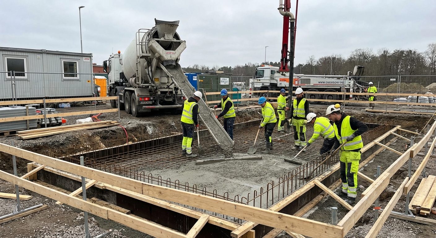 Construction crew pouring the concrete foundation for a new padel court