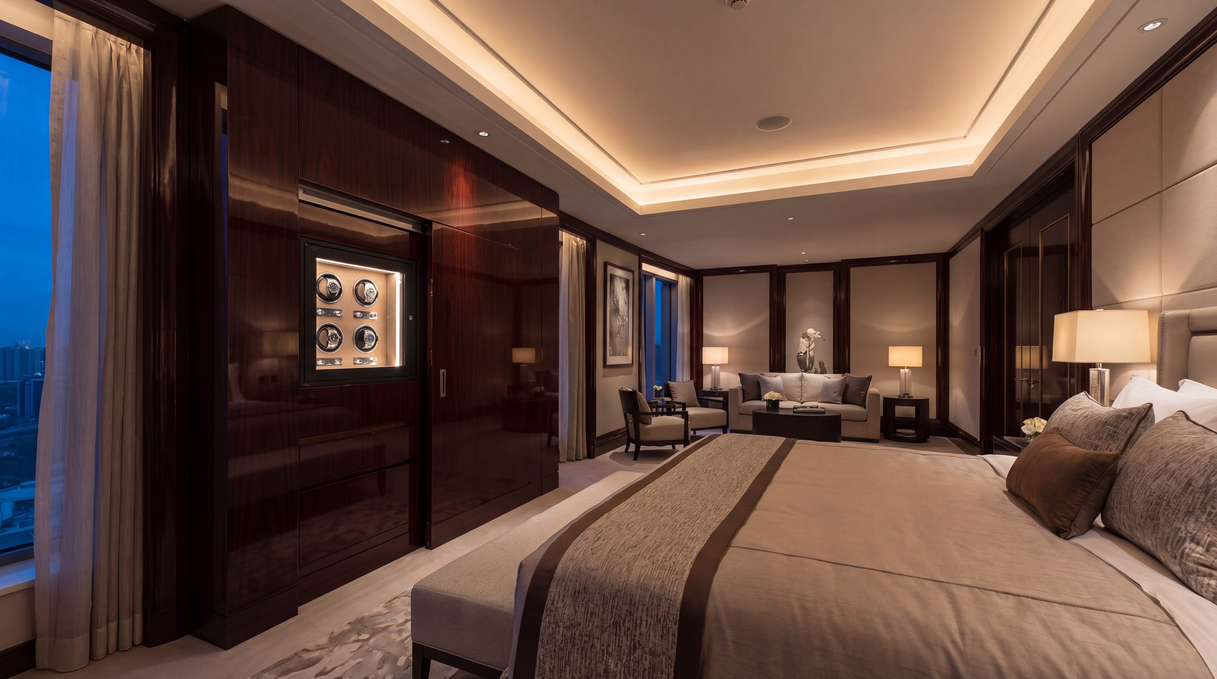 Luxury master bedroom featuring a sleek, recessed watch safe hidden behind a sliding mahogany panel.