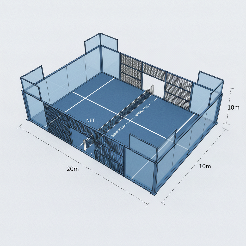 A detailed technical diagram showing the 20m x 10m padel court footprint with service lines and enclosure heights clearly labeled.