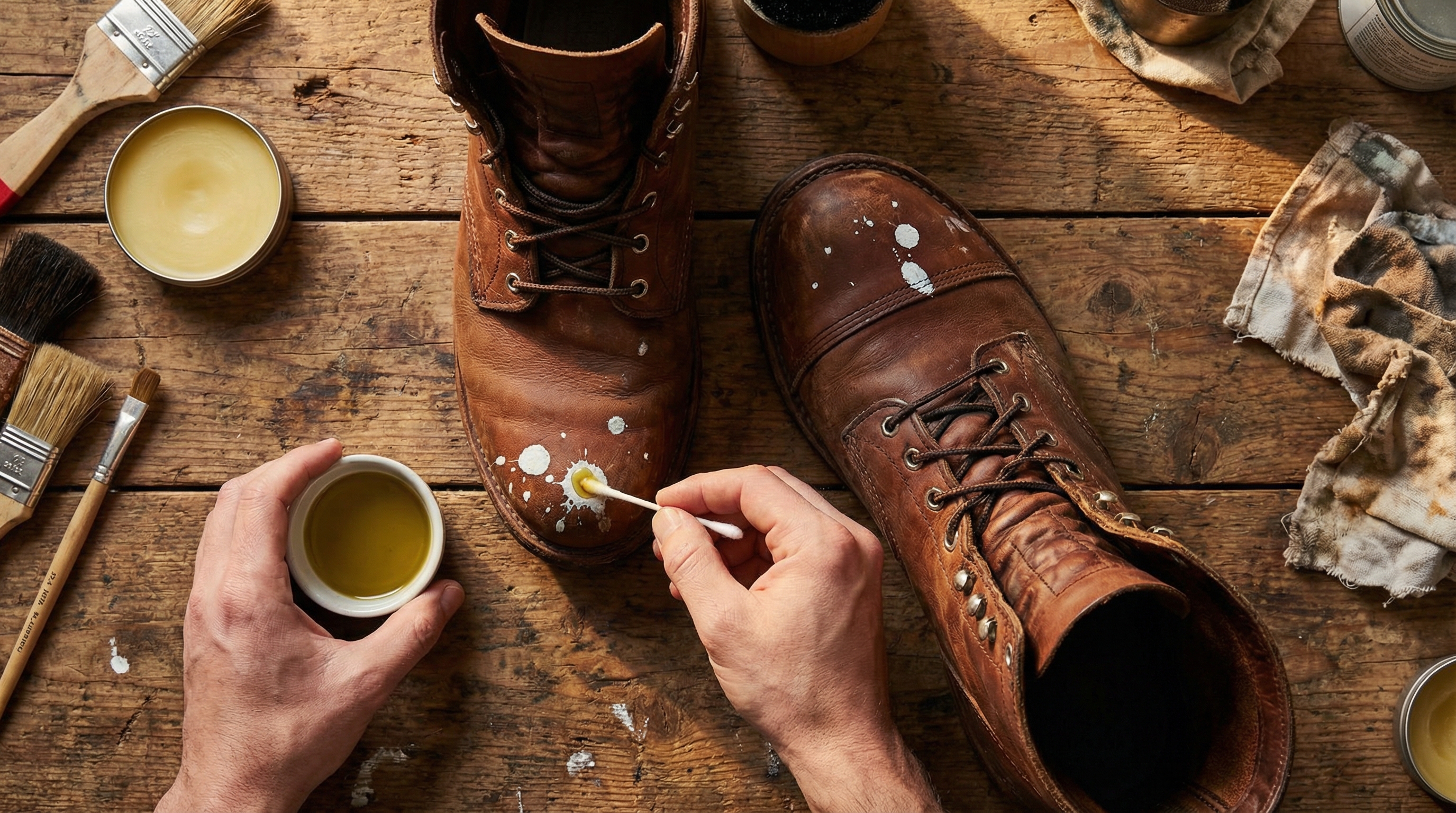 Contextual and Action premium brown leather boots with dried white paint spots person using a cotton swab dipped in olive oil to gently soften a specific paint droplet