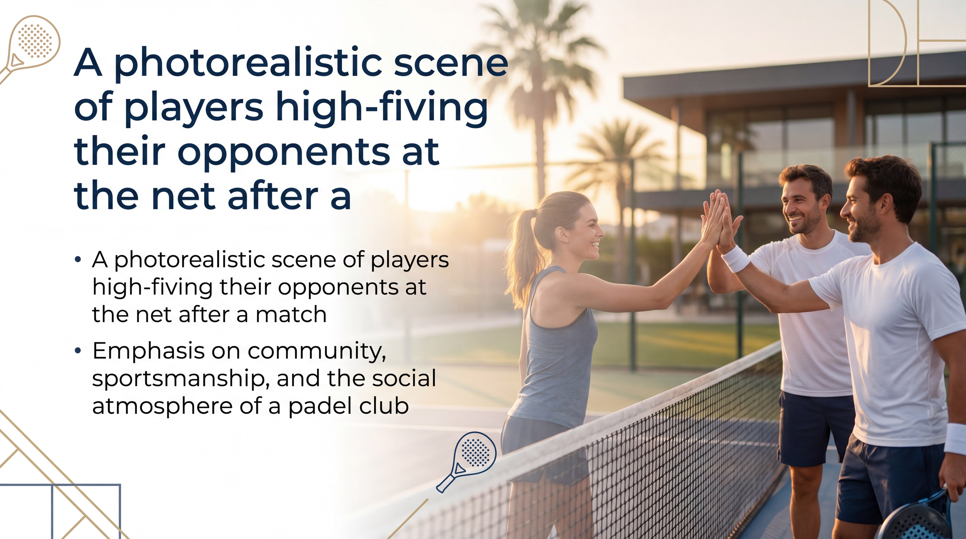 A photorealistic scene of players high-fiving their opponents at the net after a match