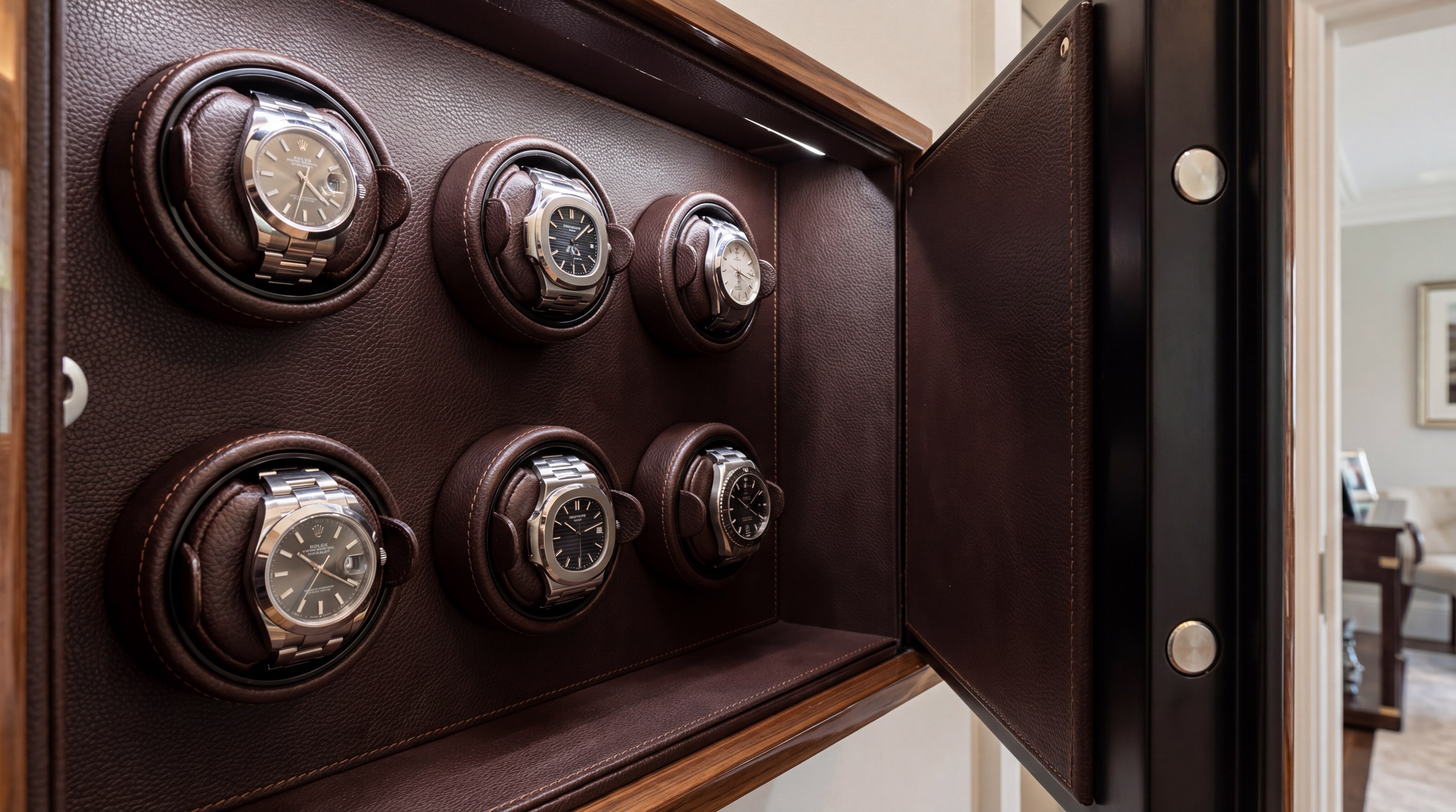 Close-up of the interior of a watch safe, showing carbon fiber rotors and luxury timepieces.