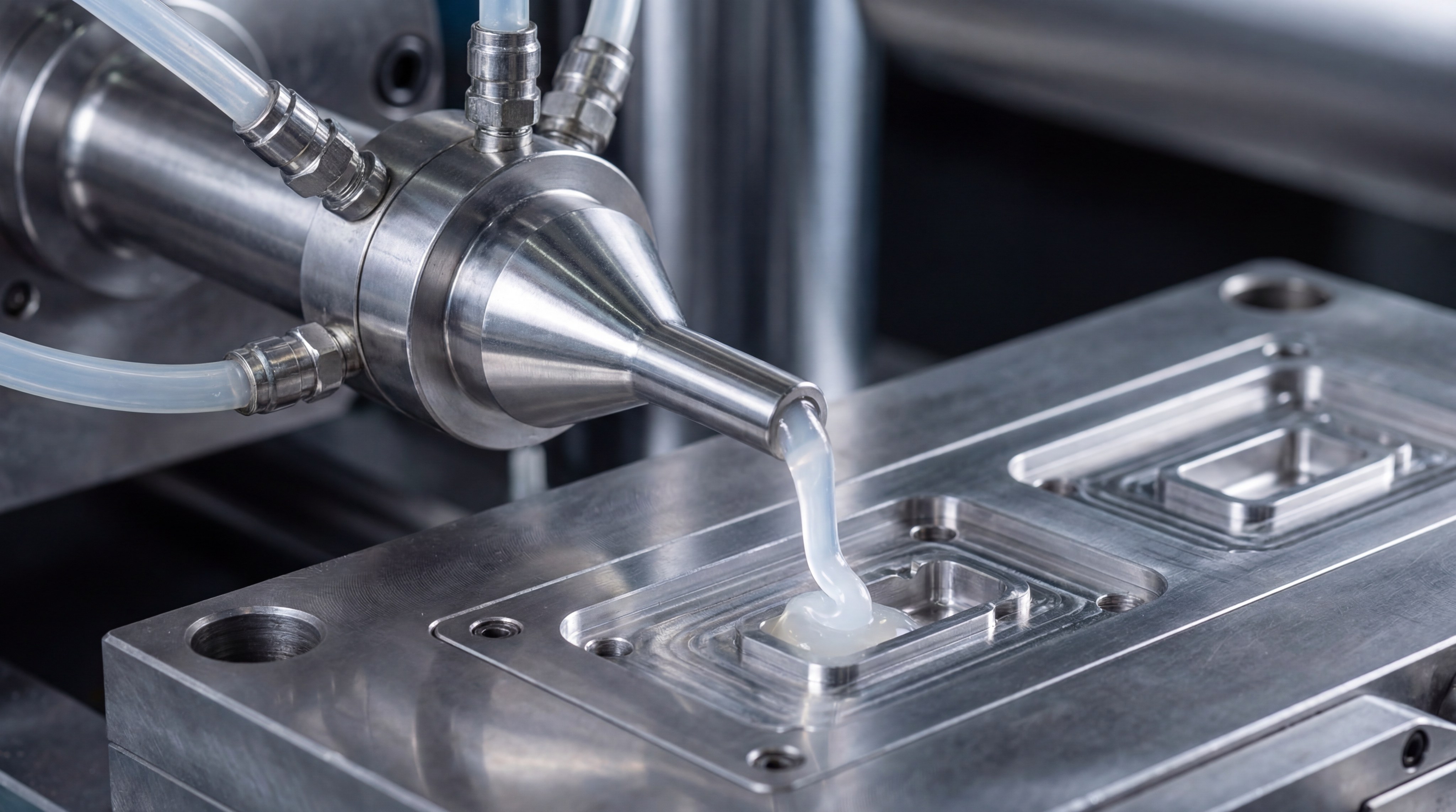 Nozzle detail for LSR injection molding showing material flow