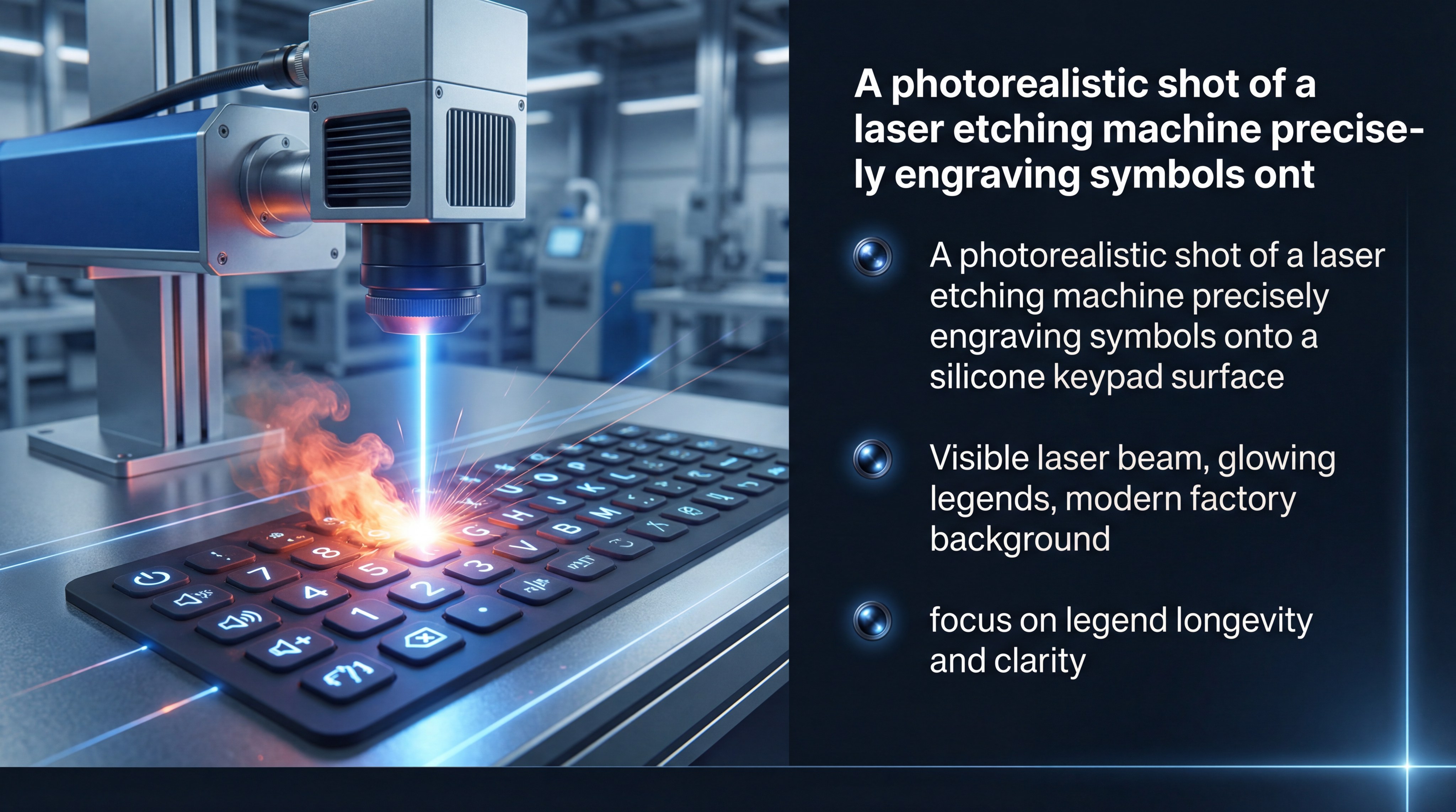 A photorealistic shot of a laser etching machine precisely engraving symbols onto a silicone keypad surface with a visible laser beam and glowing legends.