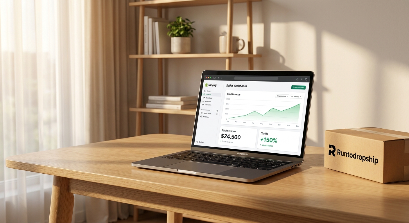 Modern Home Office with Shopify Store Dashboard and Dropshipping Branding