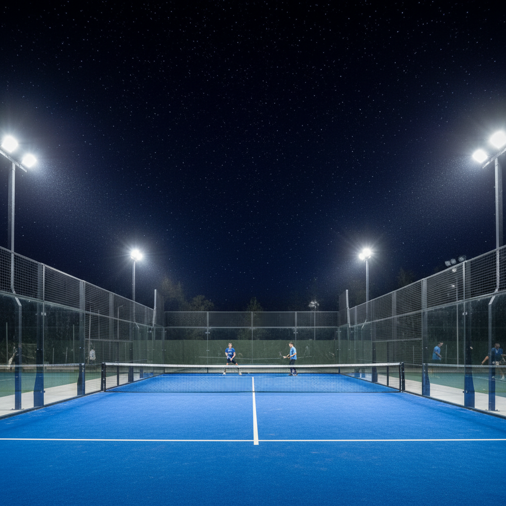 A detailed photorealistic night view of a padel court showing the impact of professional LED lighting systems on playability.