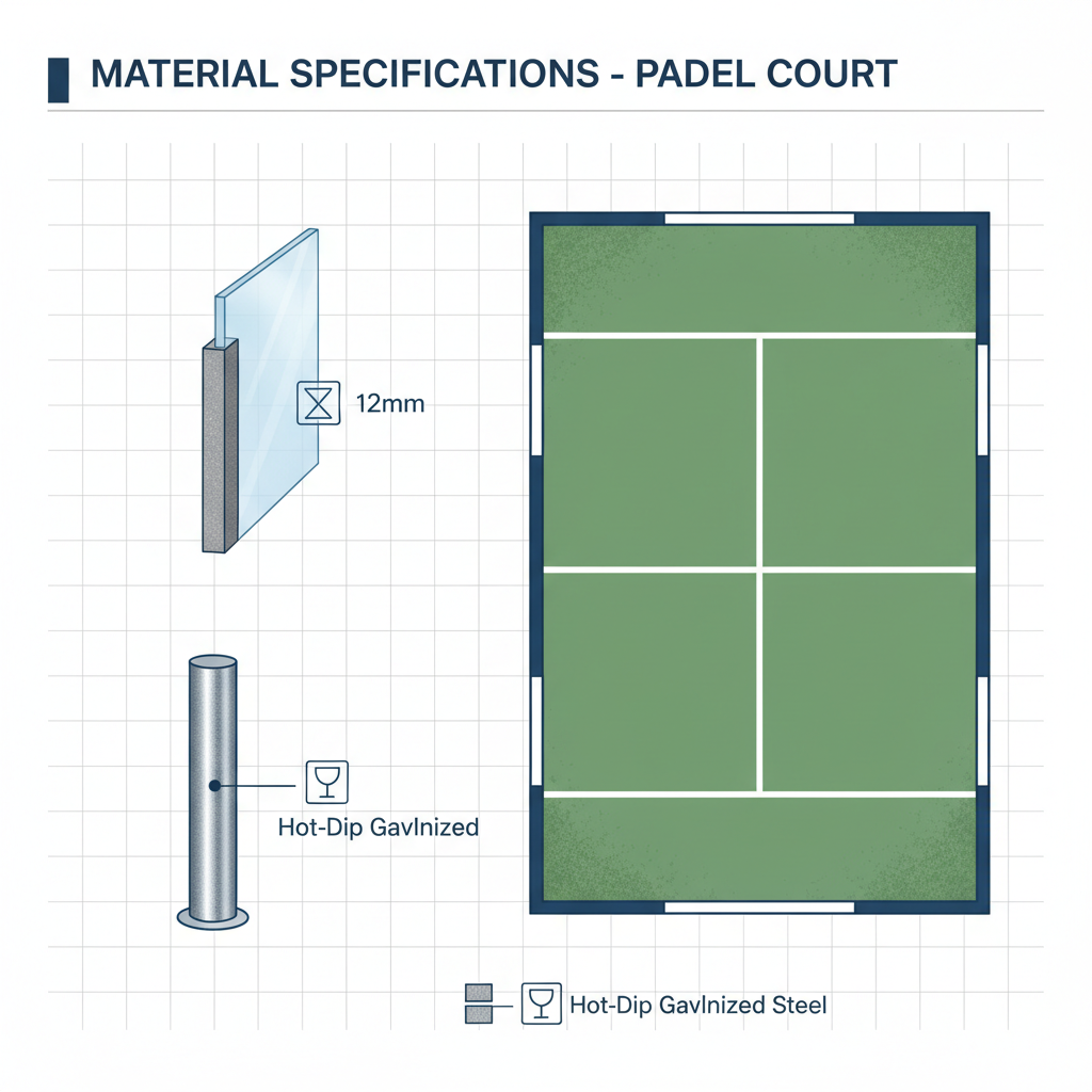 Technical specifications diagram of a padel court frame and glass