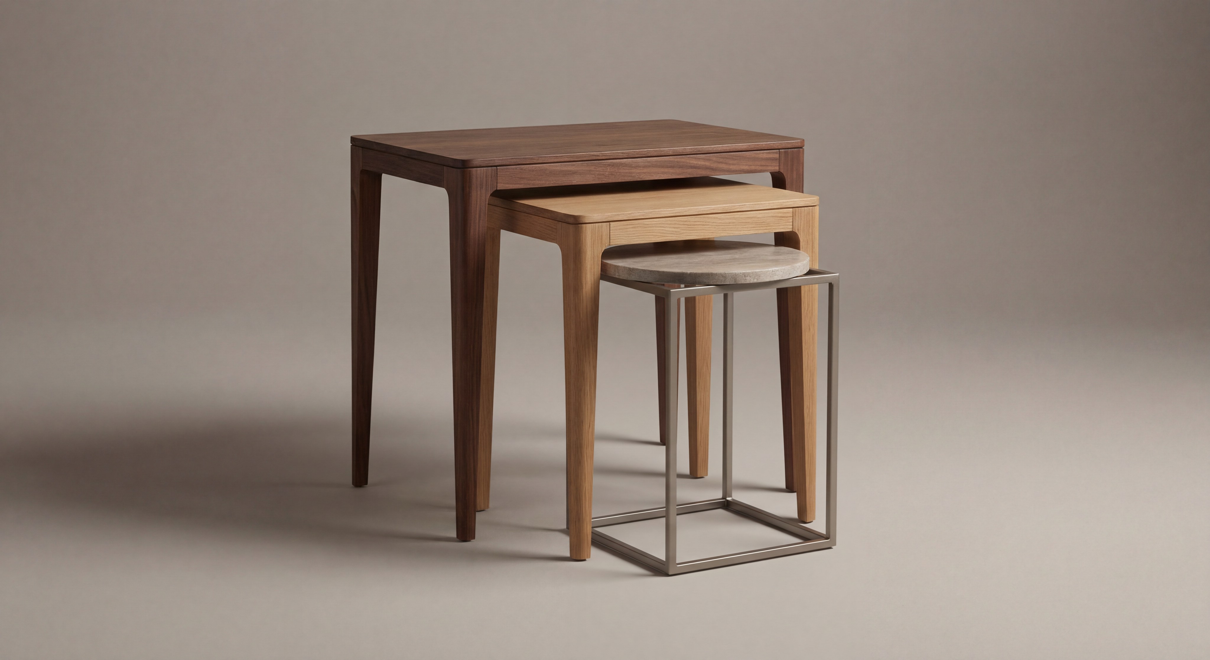 Nested side tables in a professional furniture studio shot