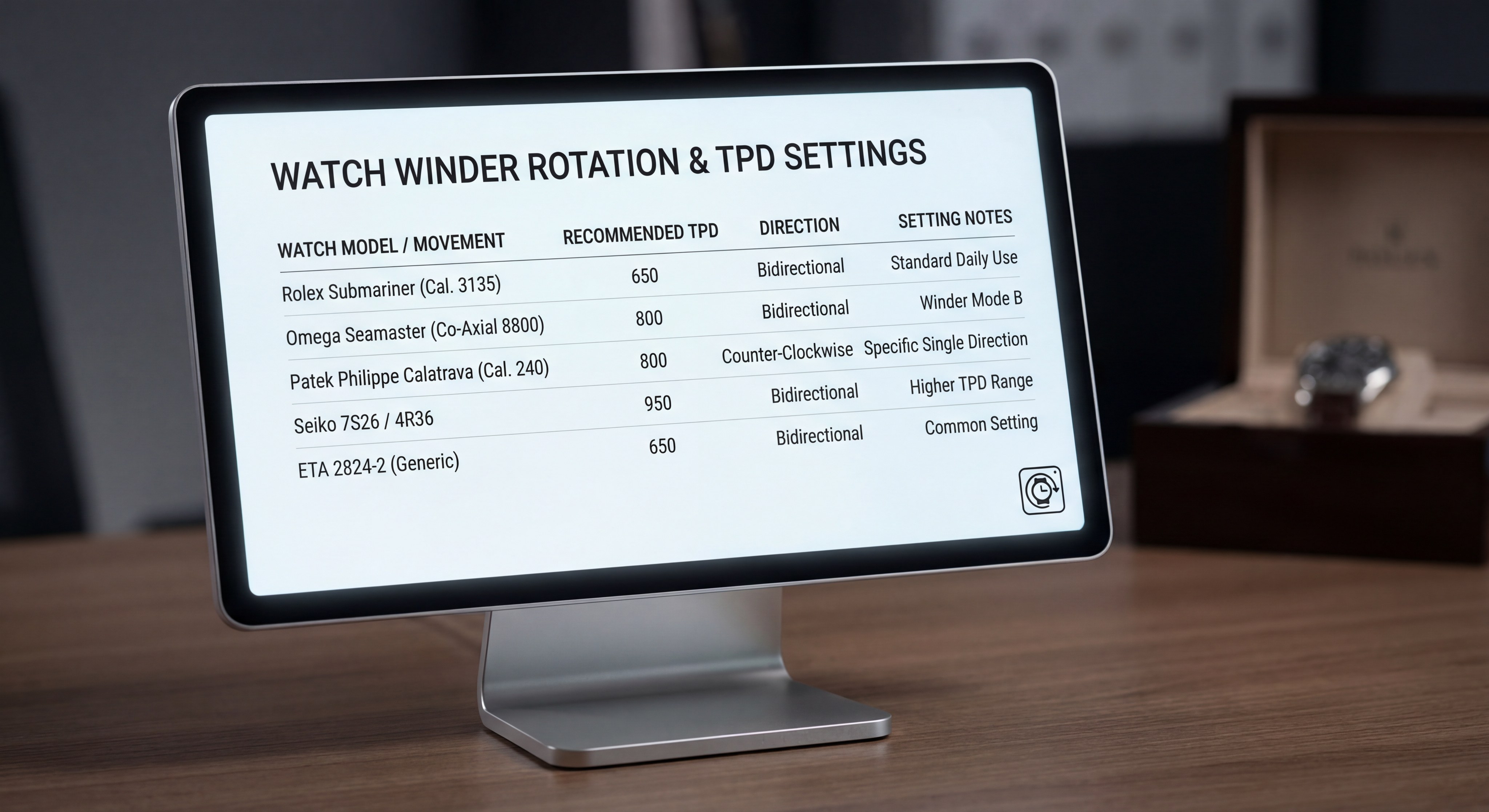 Infographic showing different watch winder rotation and TPD settings