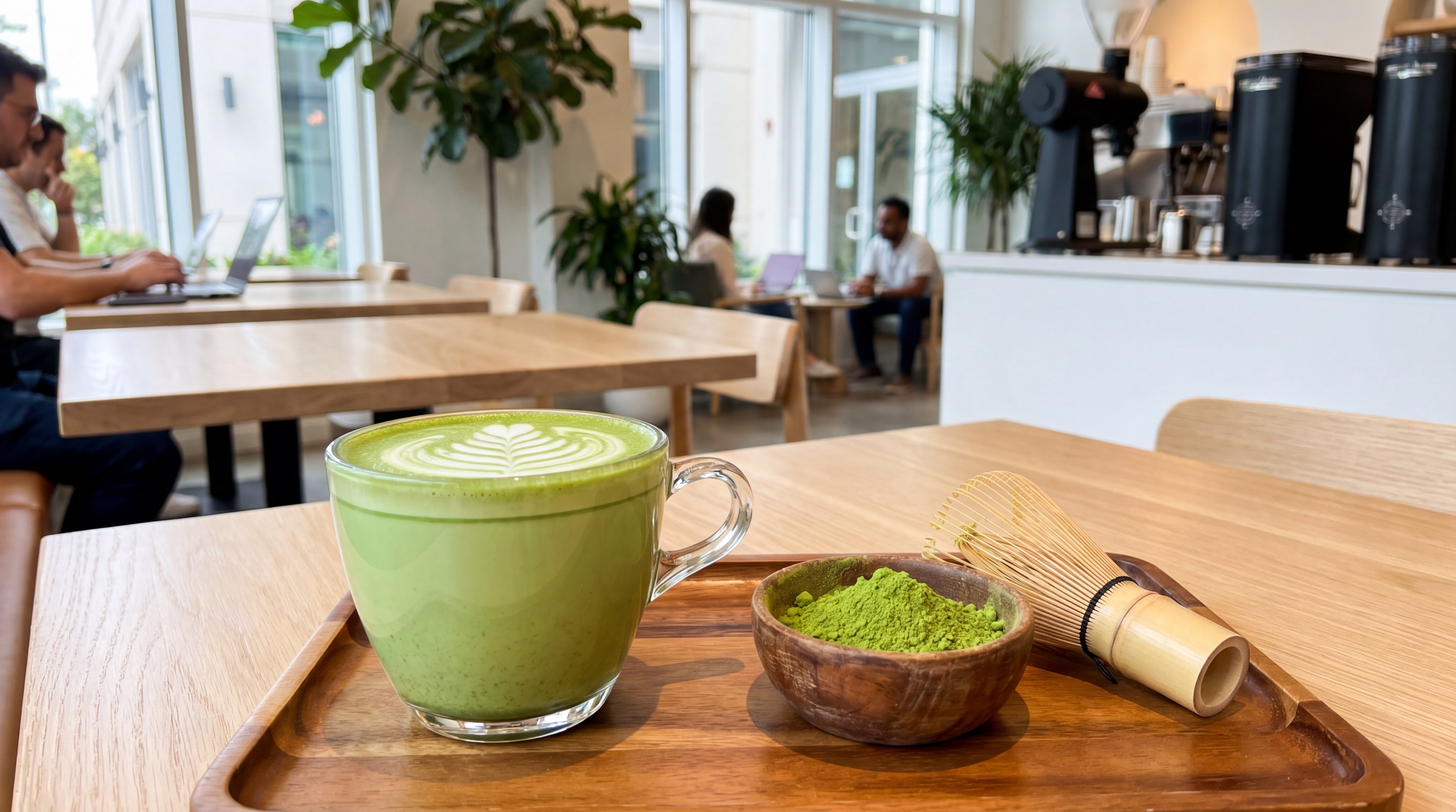 A premium matcha latte served in a modern cafe, showcasing the best matcha for beginners in use