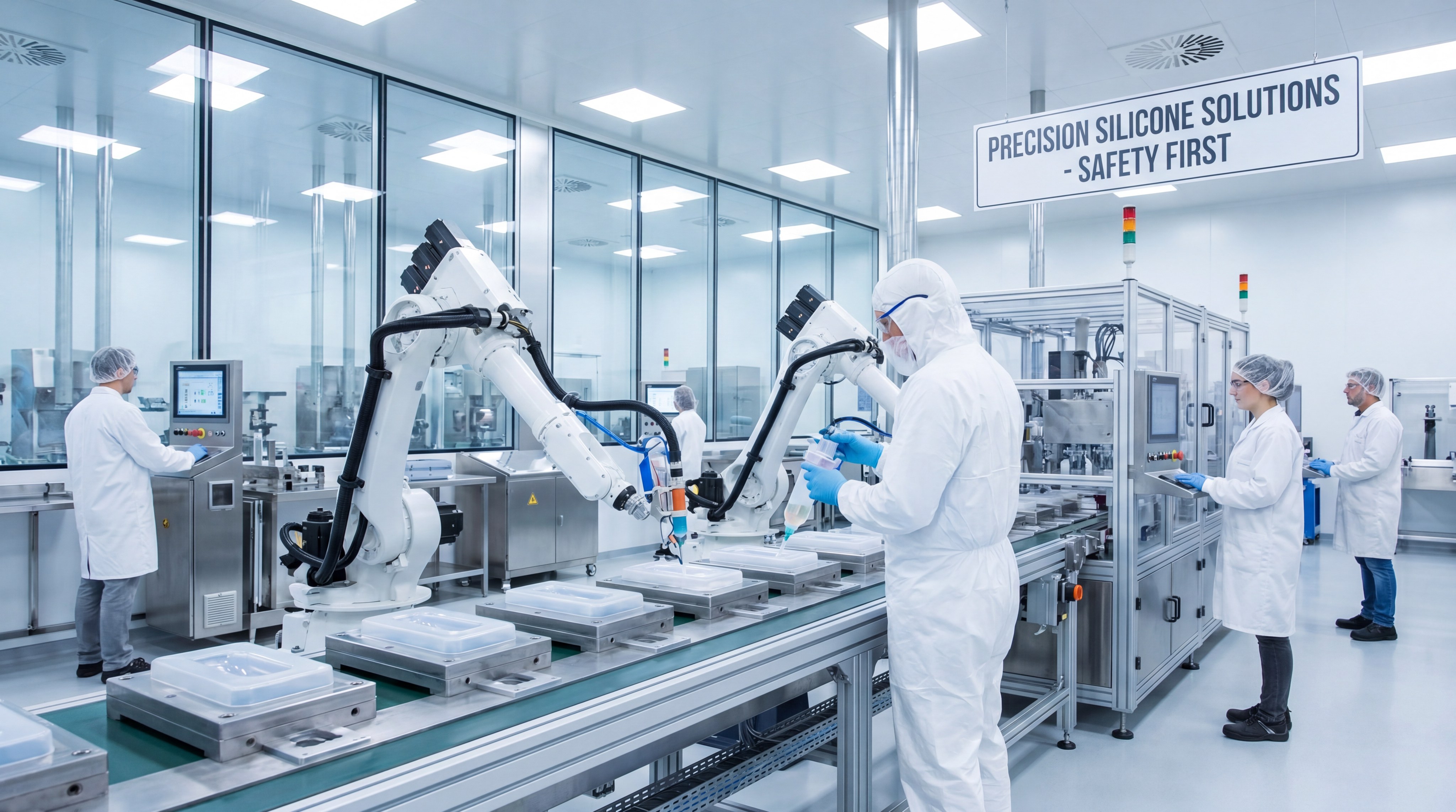 Advanced silicone manufacturing facility with robotic arms and cleanroom standards