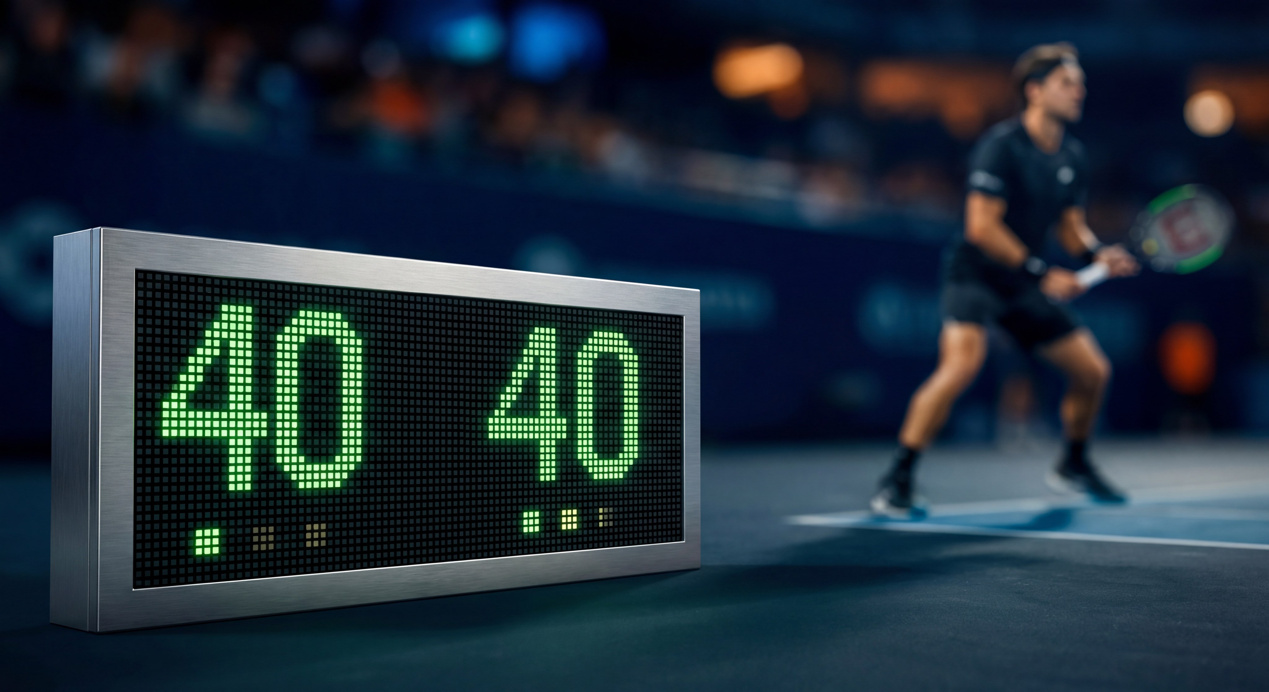 A high-end digital scoreboard at court-side showing "40-40", with a blurred professional player in the background preparing to serve.