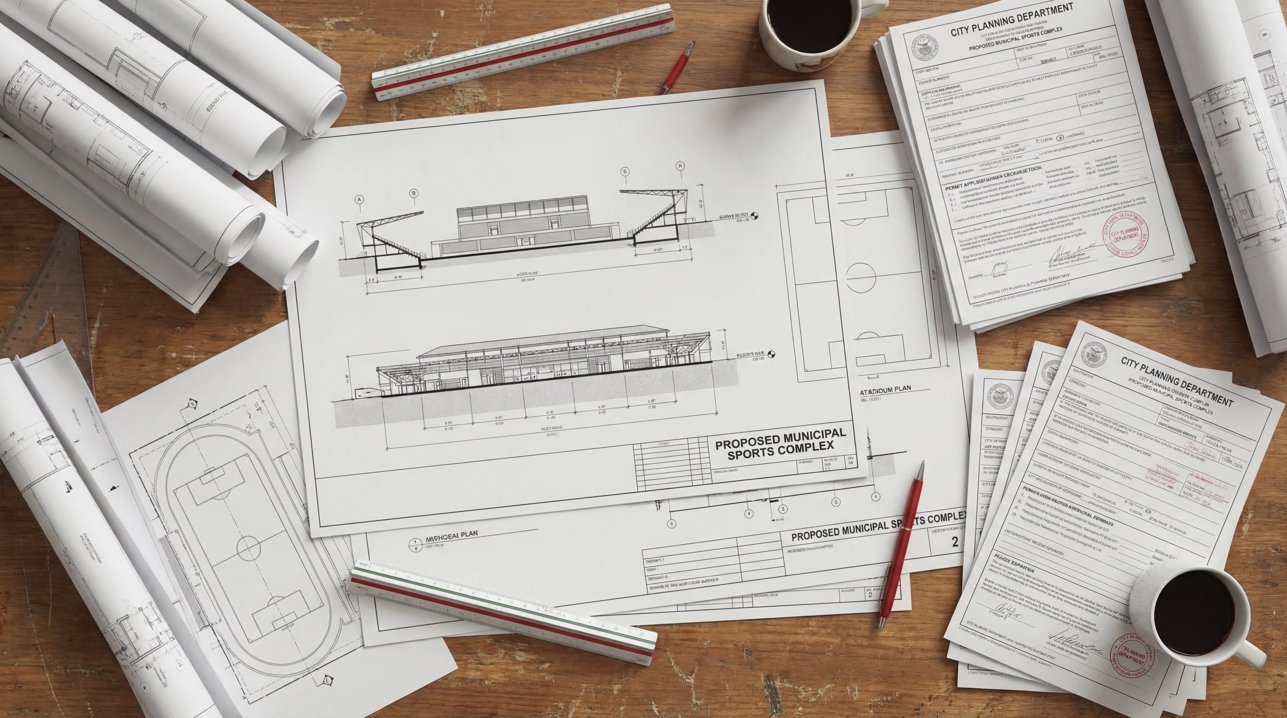 Desk with Blueprints and Permits