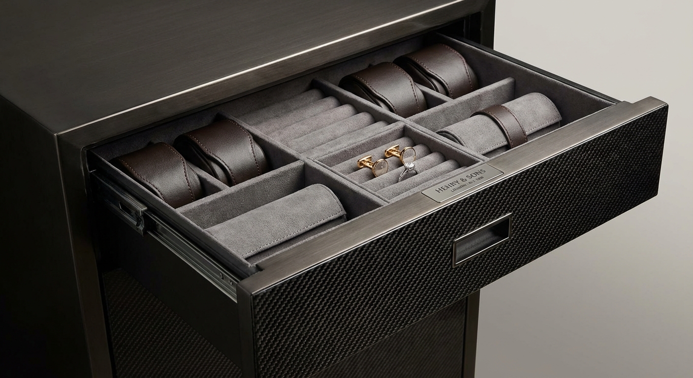 A luxury safe drawer with carbon fiber finish and ultrasuede lining