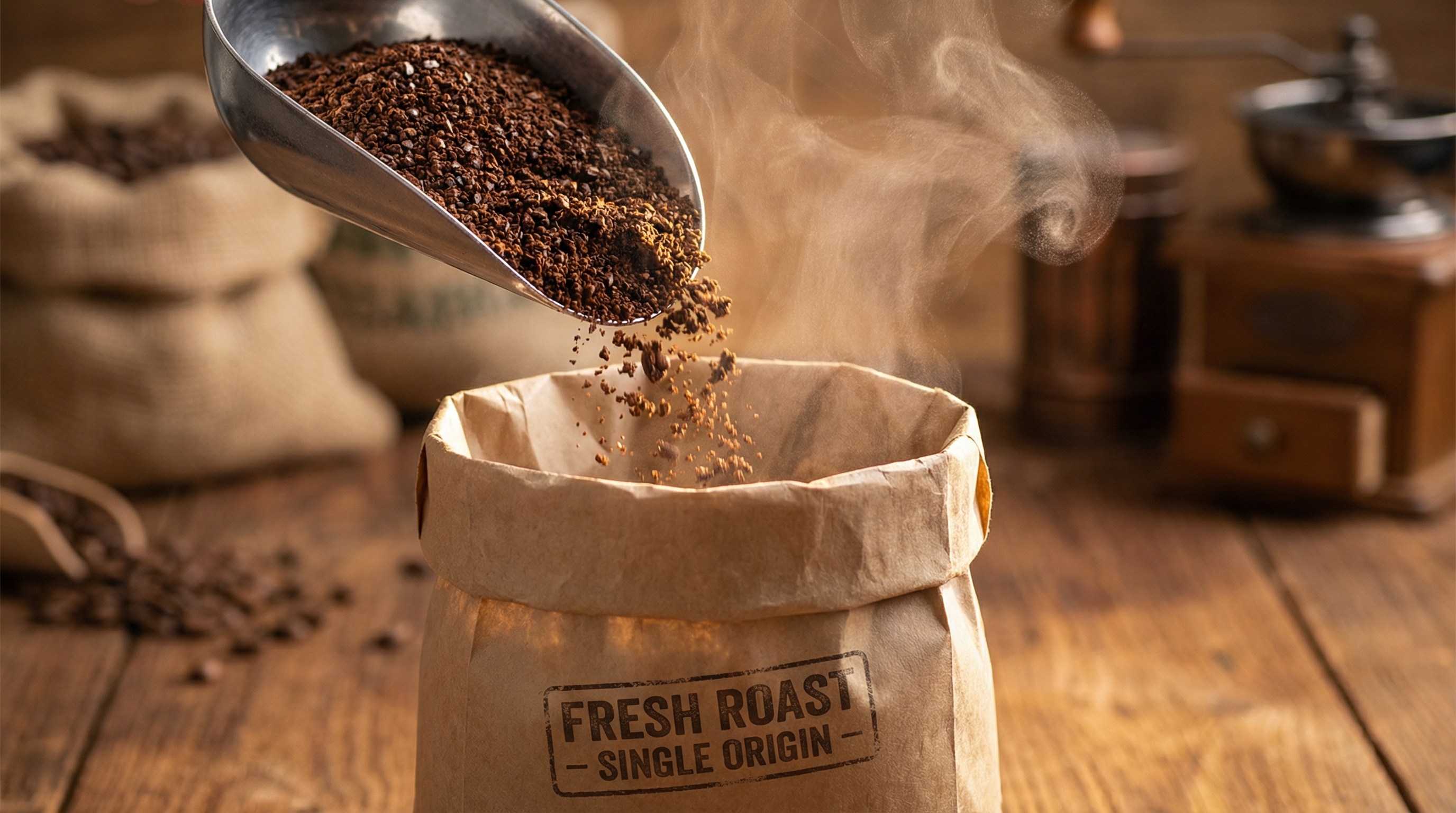 Aromatic Coffee Beans Pouring into Bag with Soft Lighting