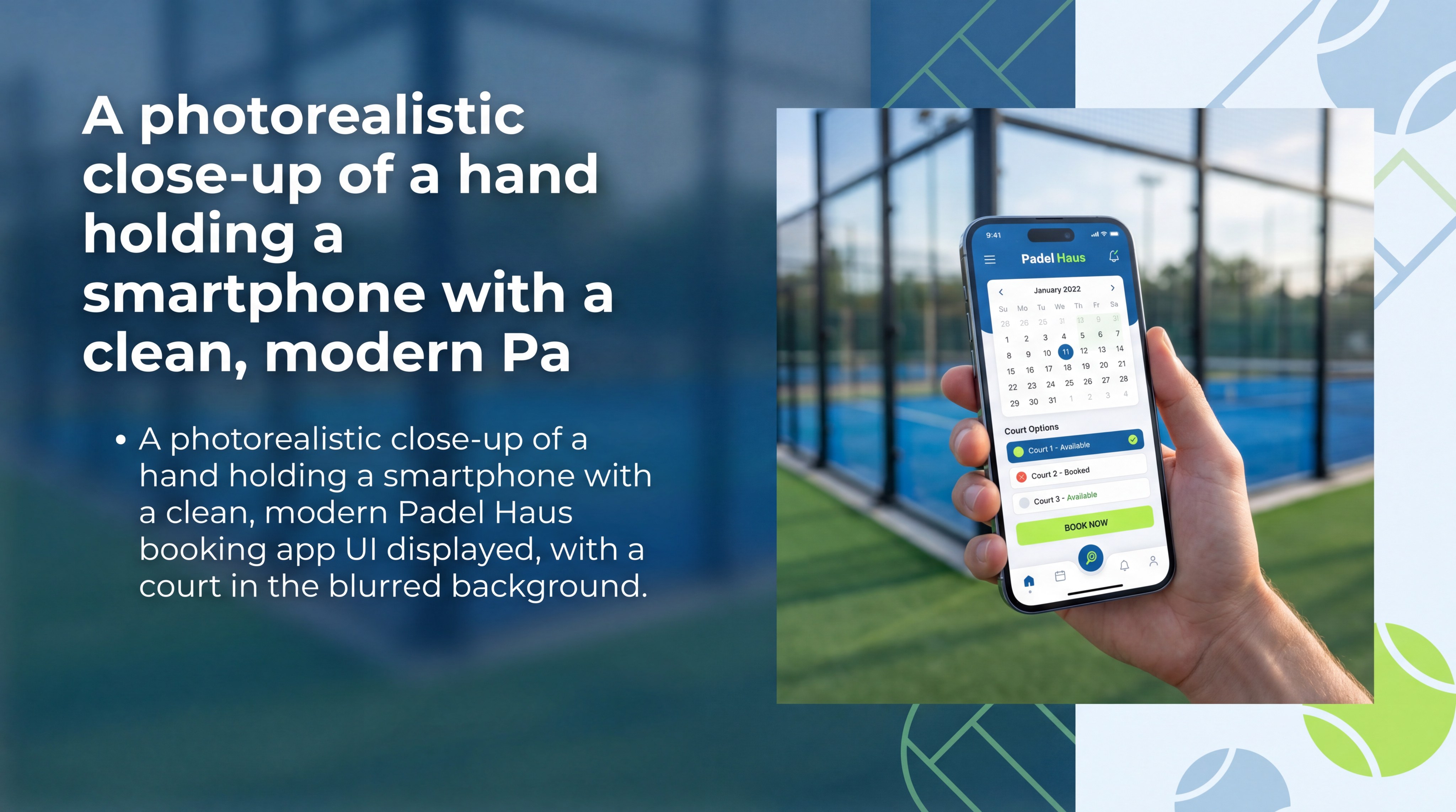 A photorealistic close-up of a hand holding a smartphone with a clean, modern Padel Haus booking app