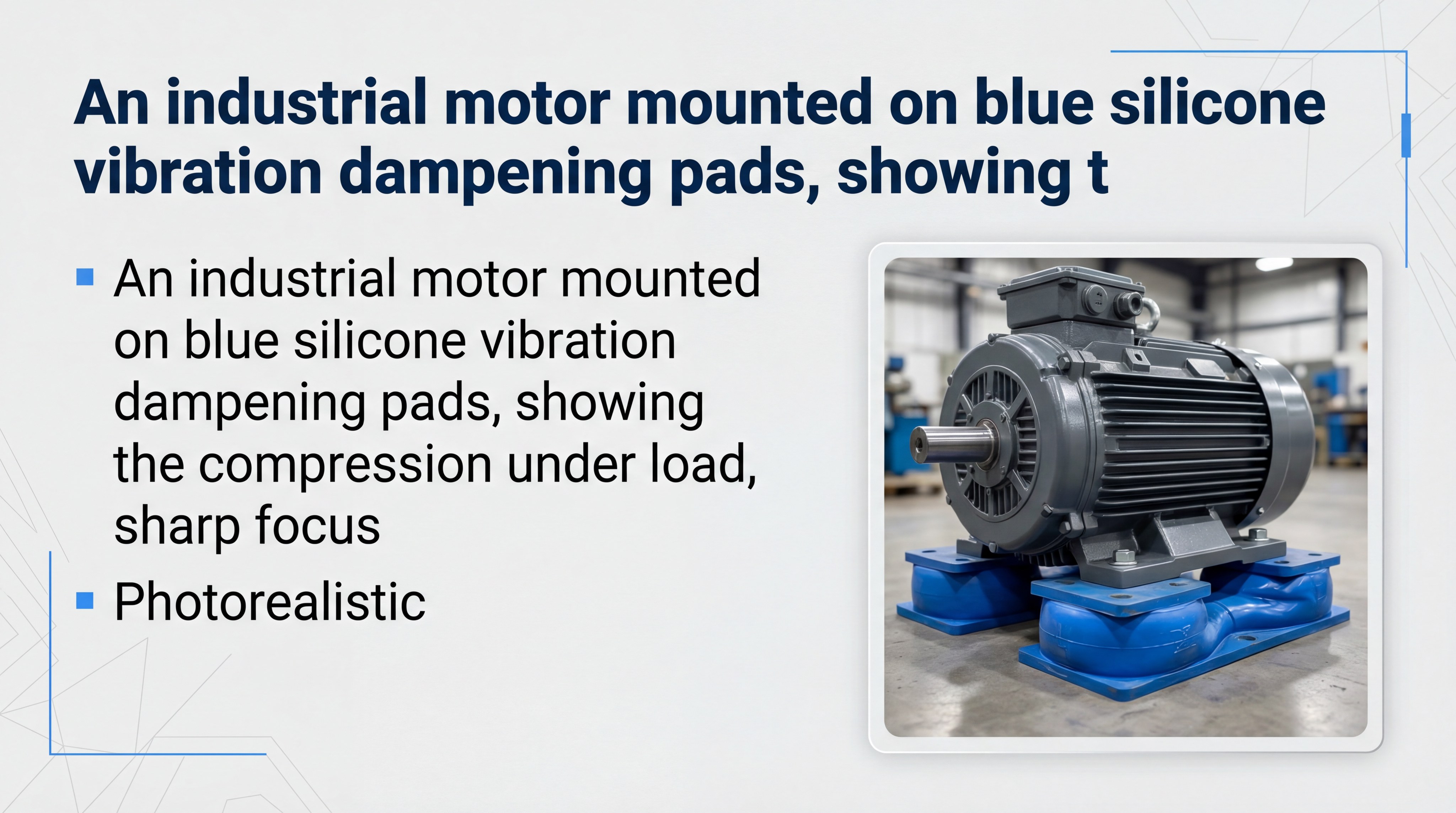 An industrial motor mounted on blue silicone dampening pads