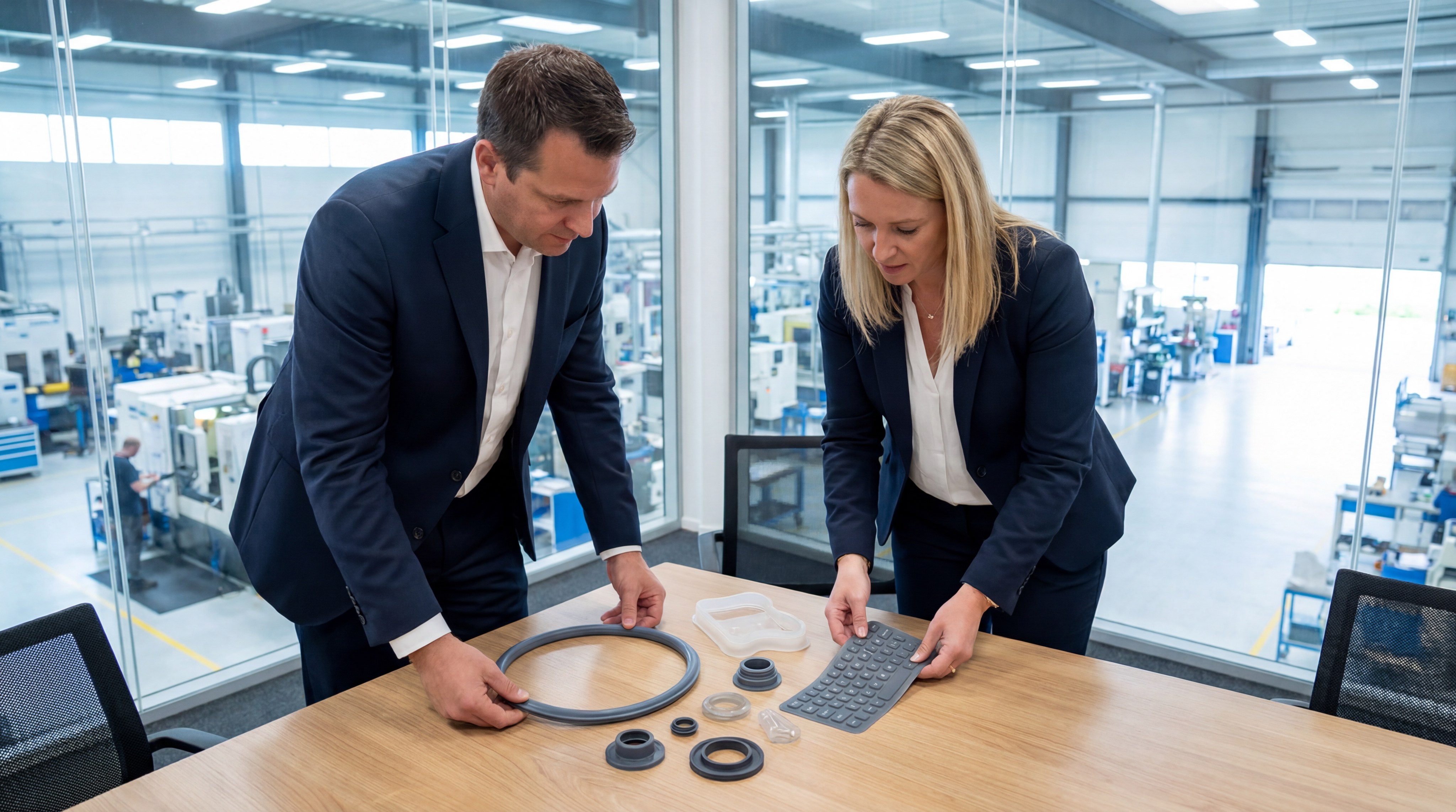 A professional business meeting in a bright office overlooking a silicone factory floor, where two executives in suits are examining various gray and translucent custom silicone parts on a table.