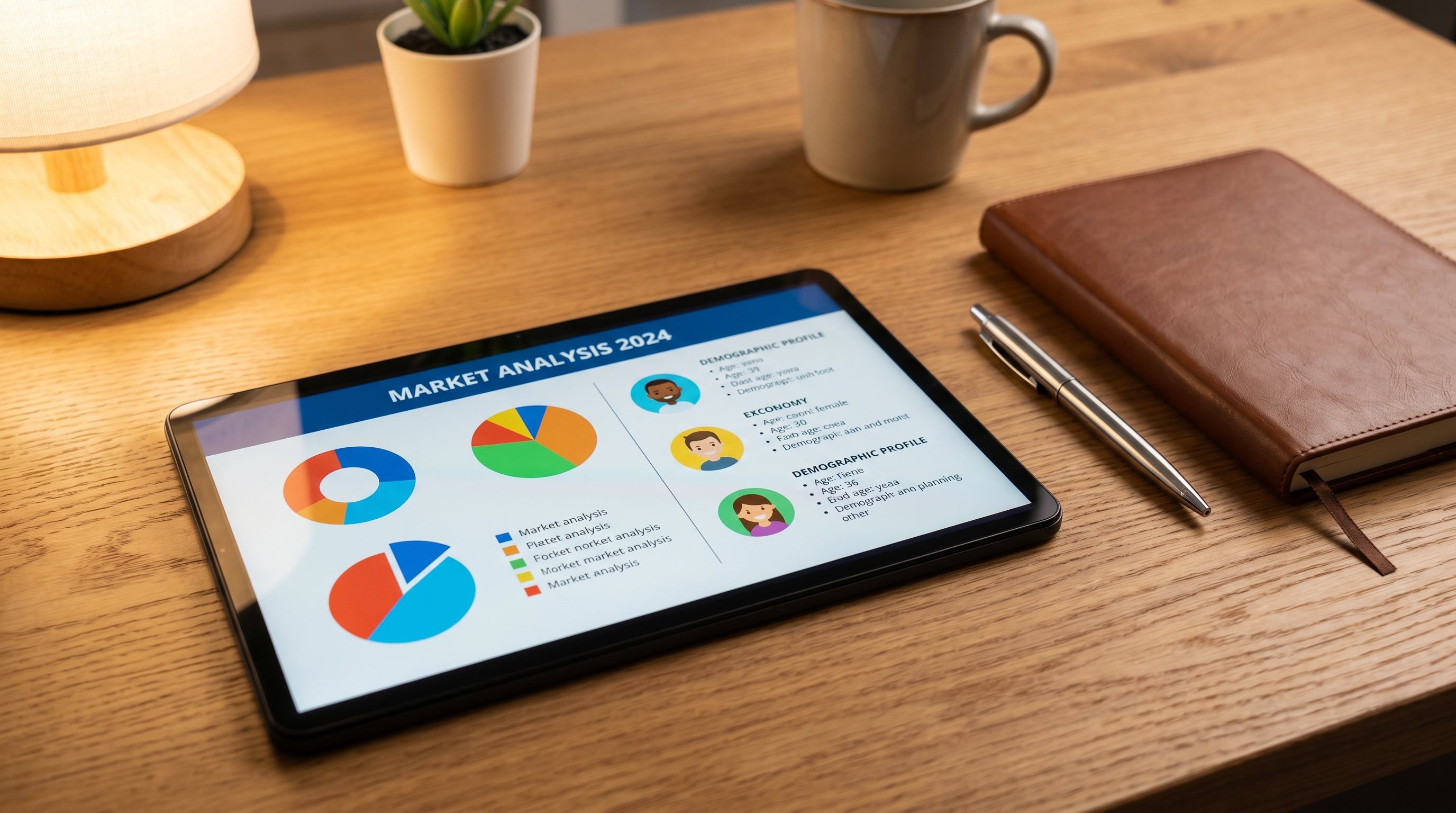 Tablet displaying market research and demographic data on desk