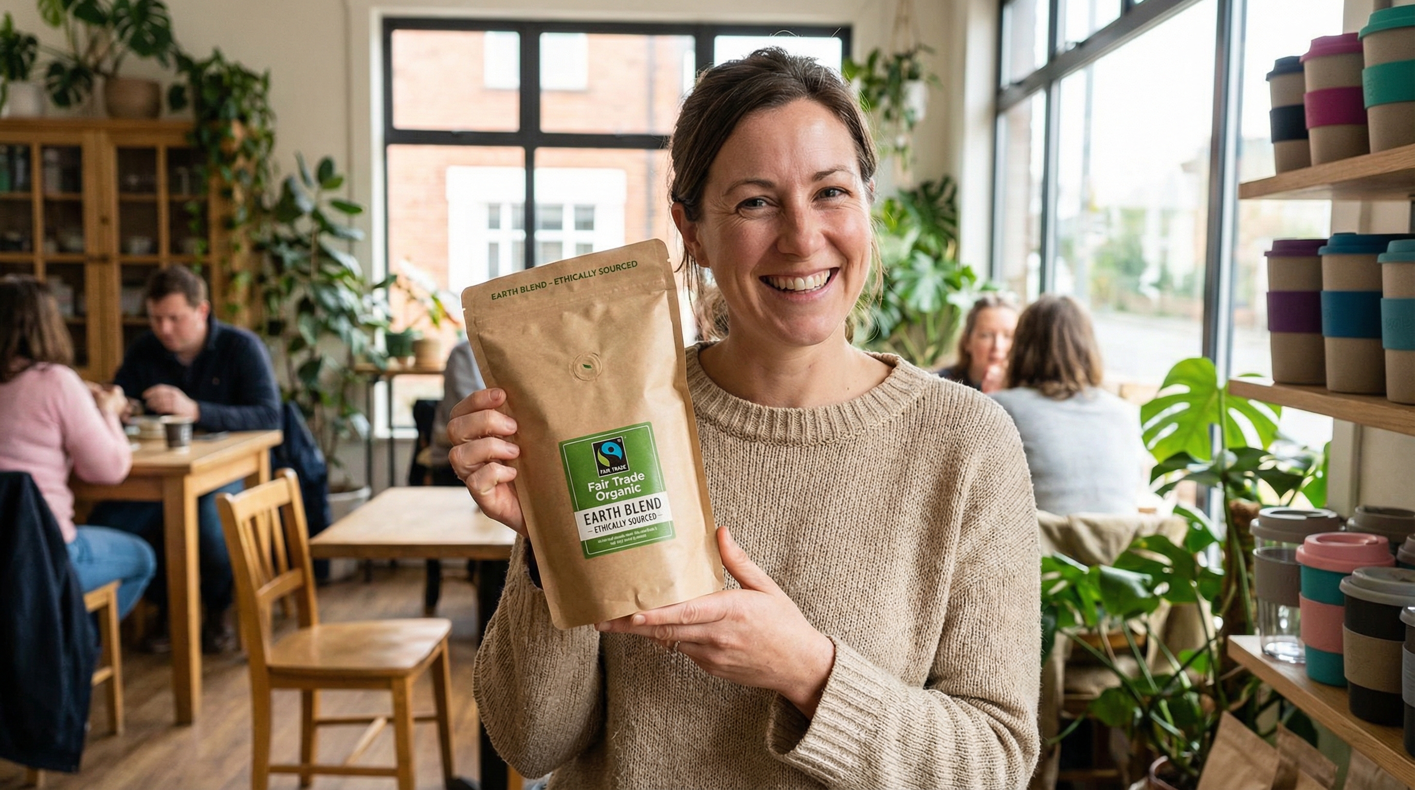 Consumer showing loyalty to sustainable coffee branding in a local cafe.