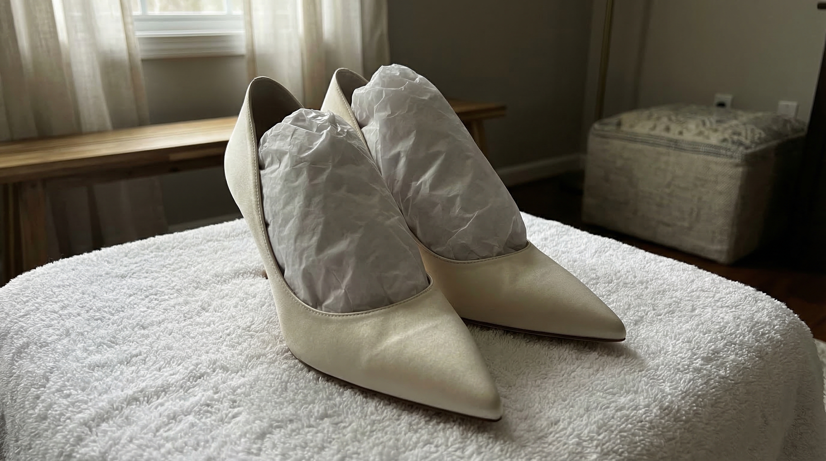 White satin shoes stuffed with white tissue paper sitting on a clean towel to dry