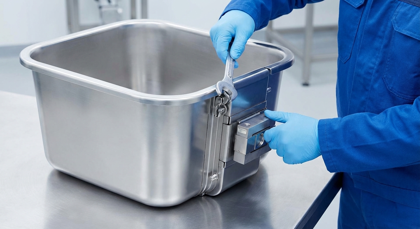 Photorealistic image of a technician in a white lab coat easily removing a stainless steel hopper for cleaning.
