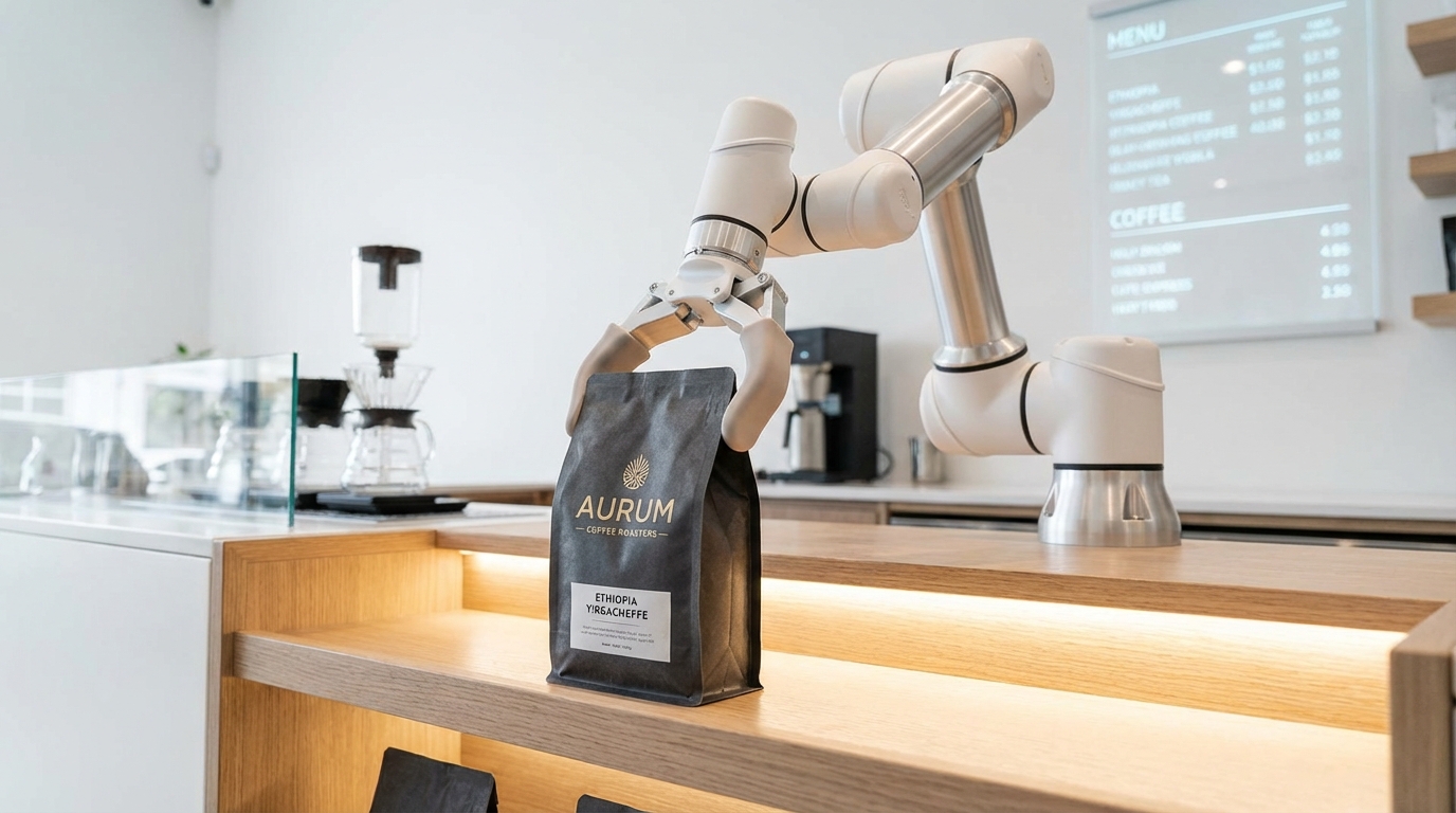 Robotic arm in a futuristic cafe setting picking up and presenting a matte black flat bottom coffee bag.