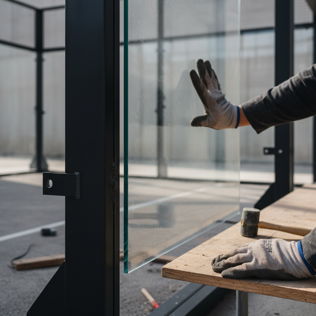 Construction worker glass installation