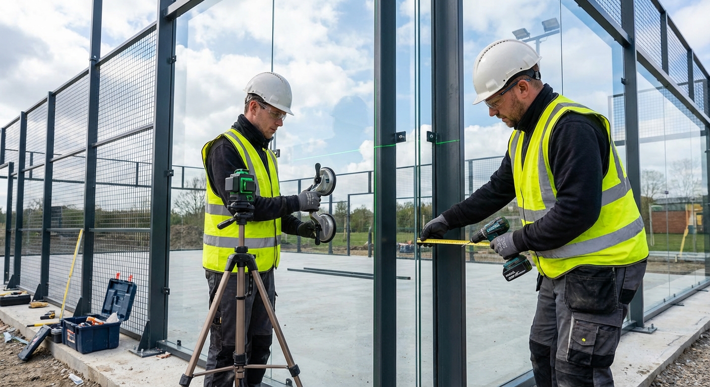 Professional installers using a laser level and specialized tools to mount a large glass panel into a padel court frame.