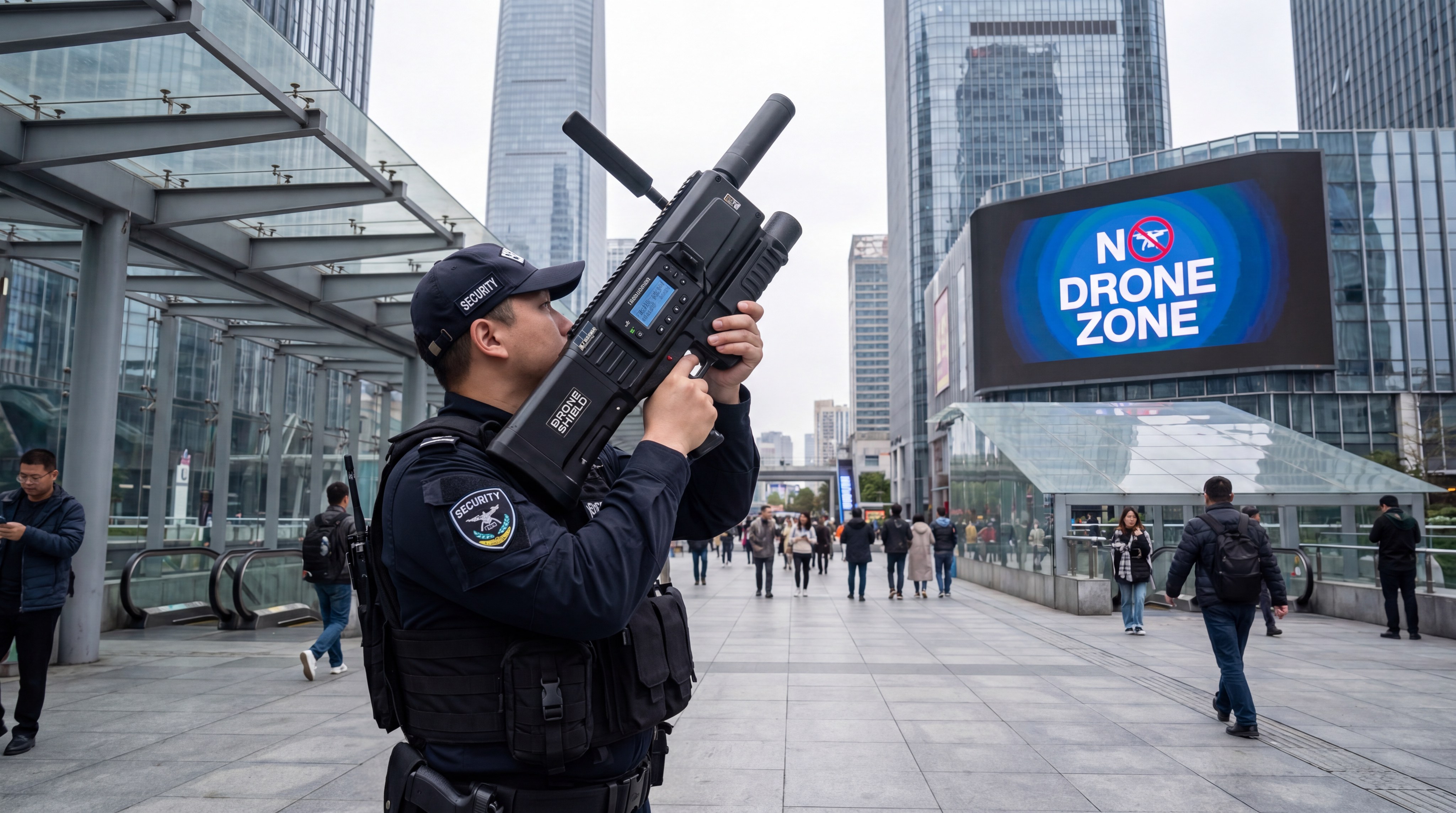 Professional security officer holding a portable drone jammer gun in an urban environment