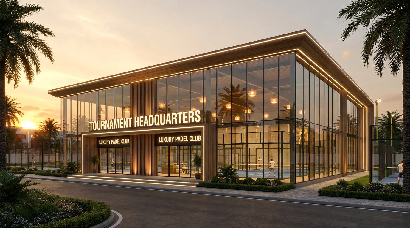 A luxury padel club with glass walls at sunset